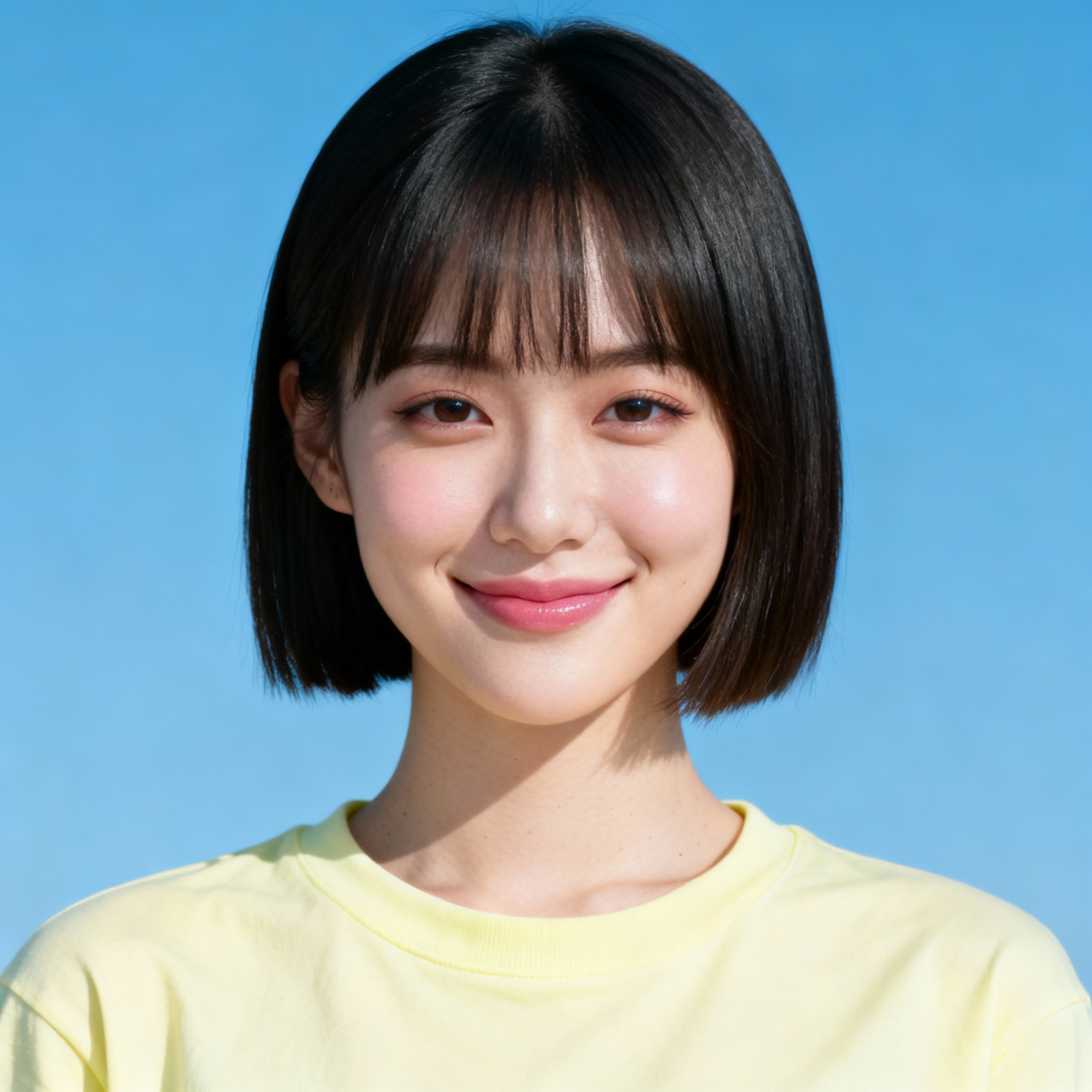AI-generated portrait of a young woman with a short straight bob and smooth facial features, wearing a pastel top, posed with a friendly smile against a sky-blue background in bright even light.
