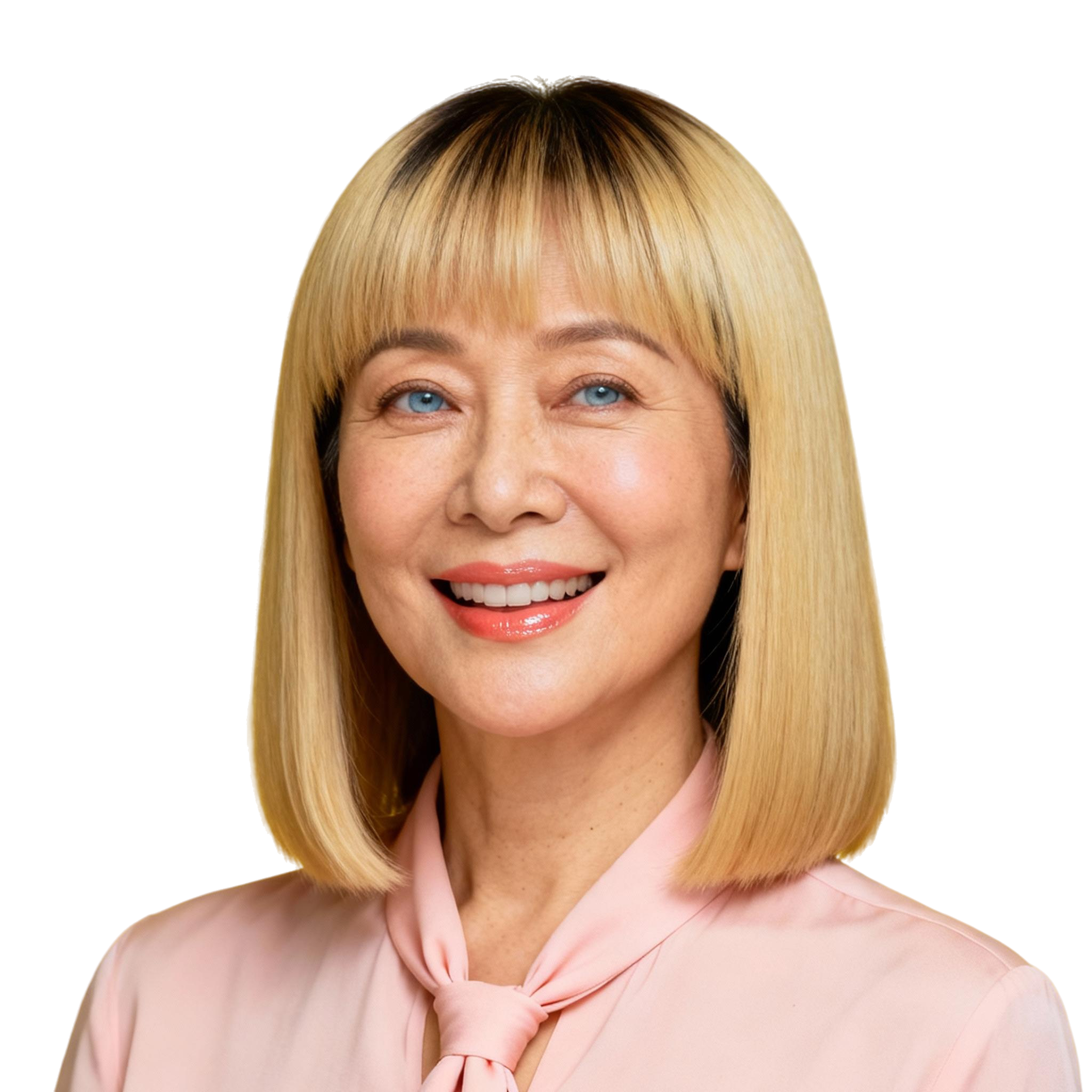 AI-generated portrait of a middle-aged woman with straight blonde hair and bangs, wearing a light blouse, posed with a warm smile against a transparent background in even lighting.