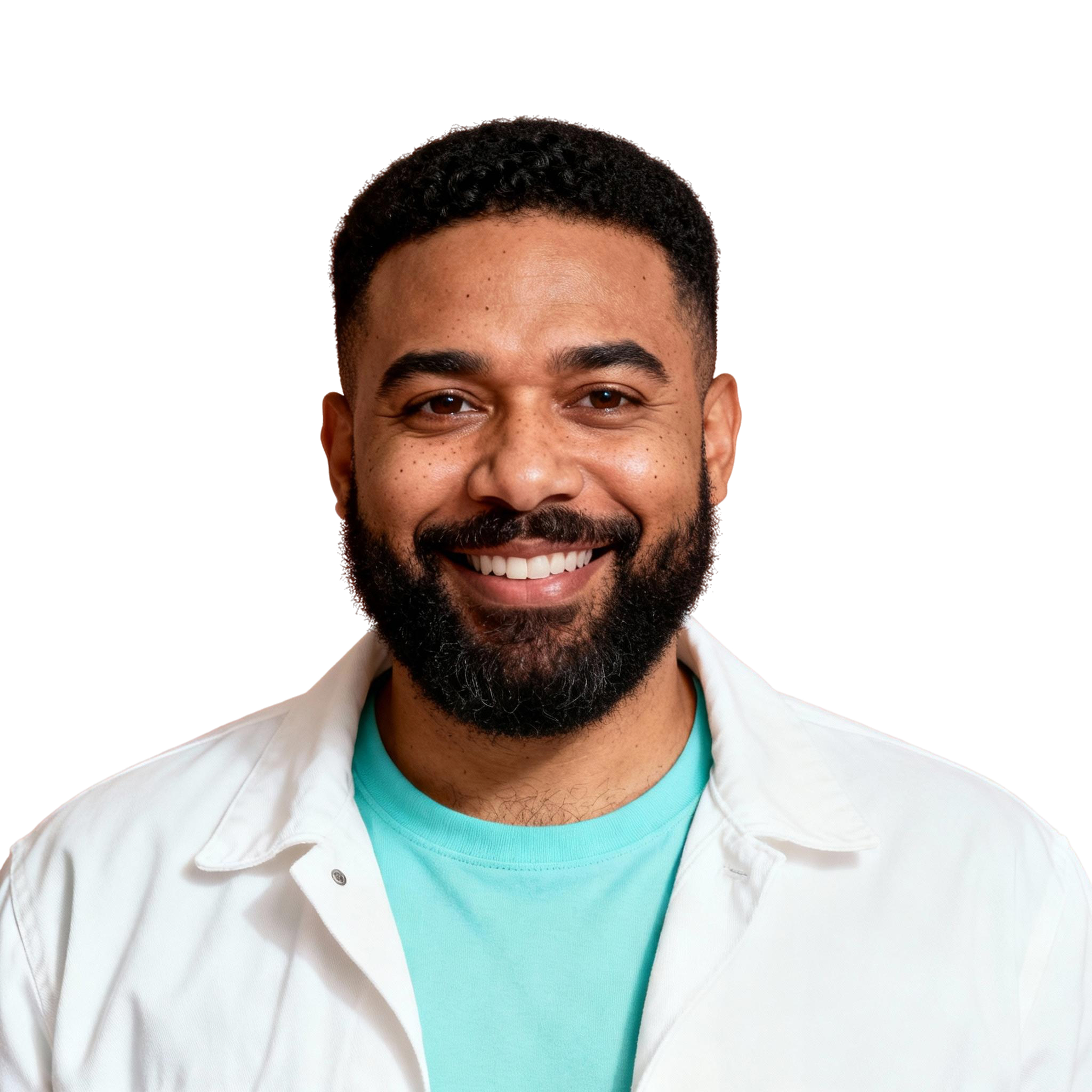 AI-generated portrait of a young man with short hair and a trimmed beard, wearing a casual jacket over a shirt, posed with a broad smile against a transparent background in even light.