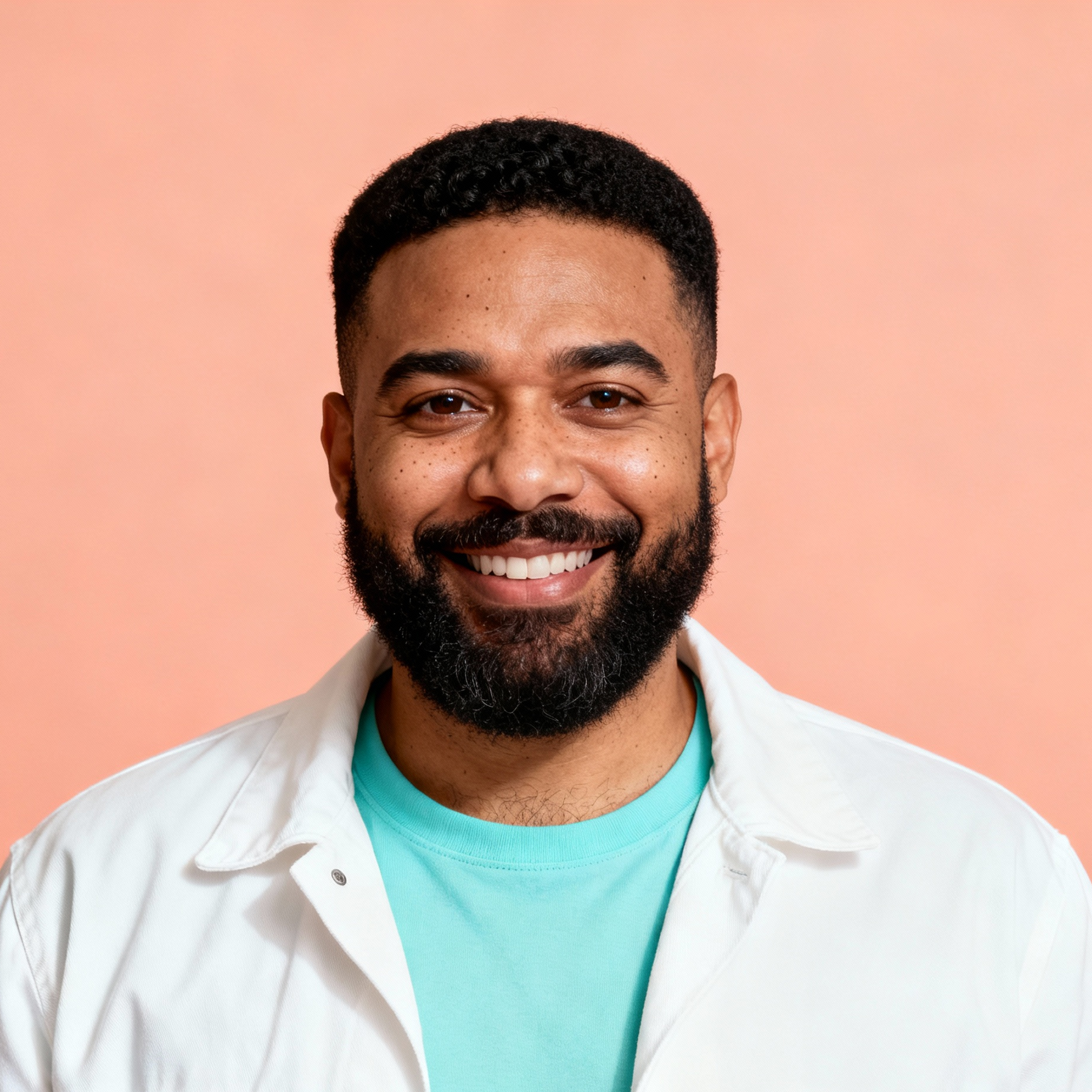 AI-generated portrait of a young man with short hair and a trimmed beard, wearing a casual jacket over a shirt, posed with a broad smile against a coral background in even light.