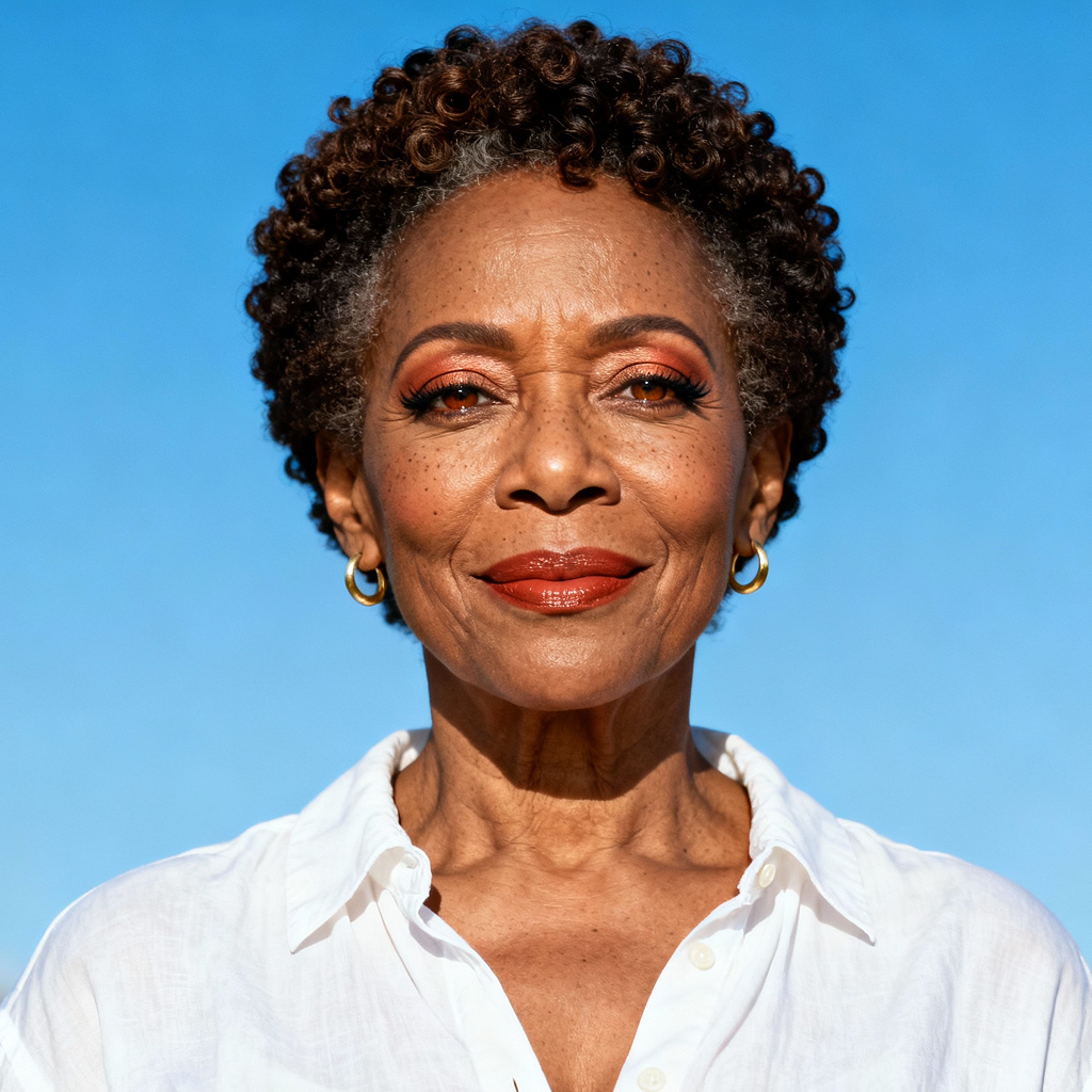 AI-generated portrait of a middle-aged woman with short natural hair and expressive features, wearing a light blouse, posed with a calm smile against a blue background in even studio light.