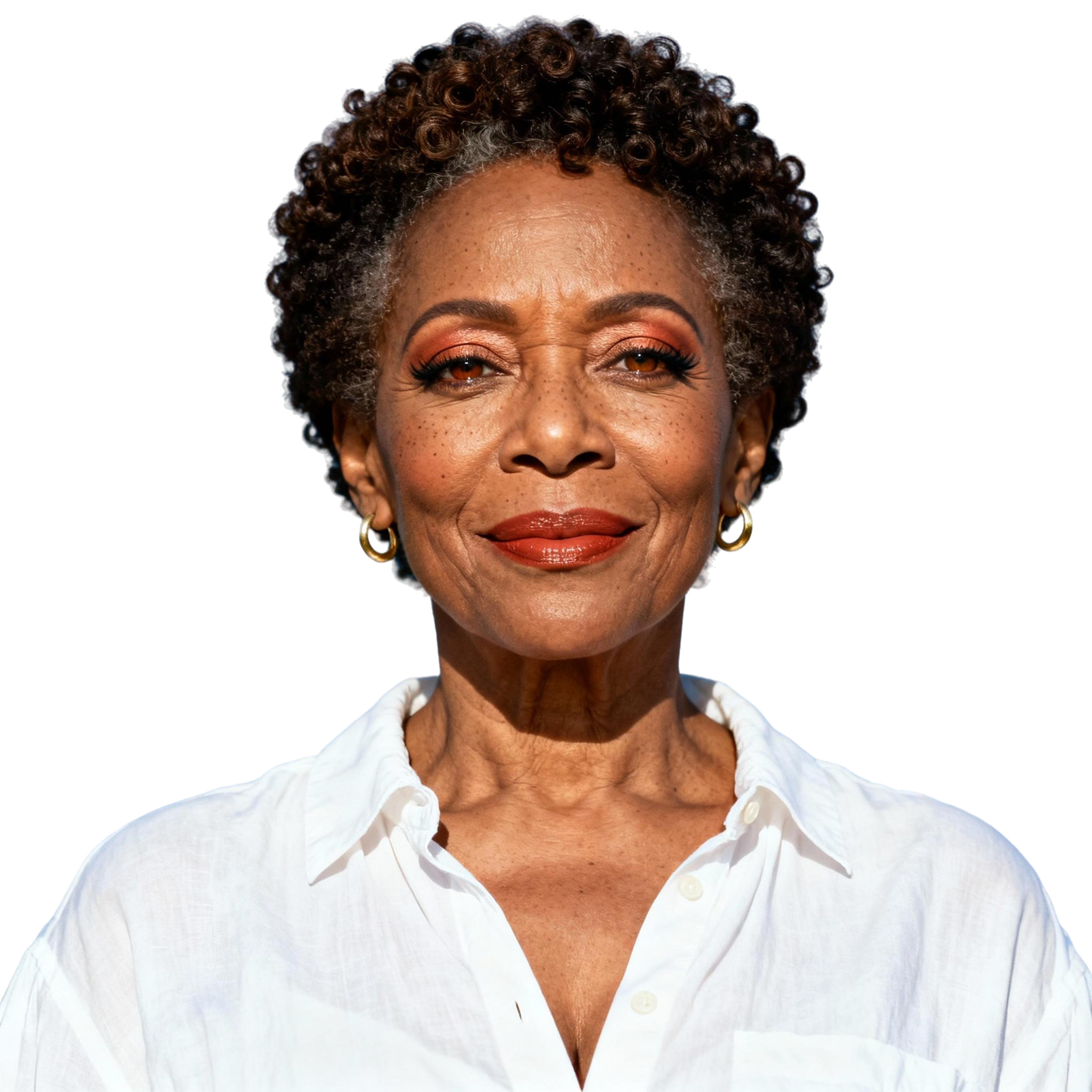 AI-generated portrait of a middle-aged woman with short natural hair and expressive features, wearing a light blouse, posed with a calm smile against a transparent background in even studio light.