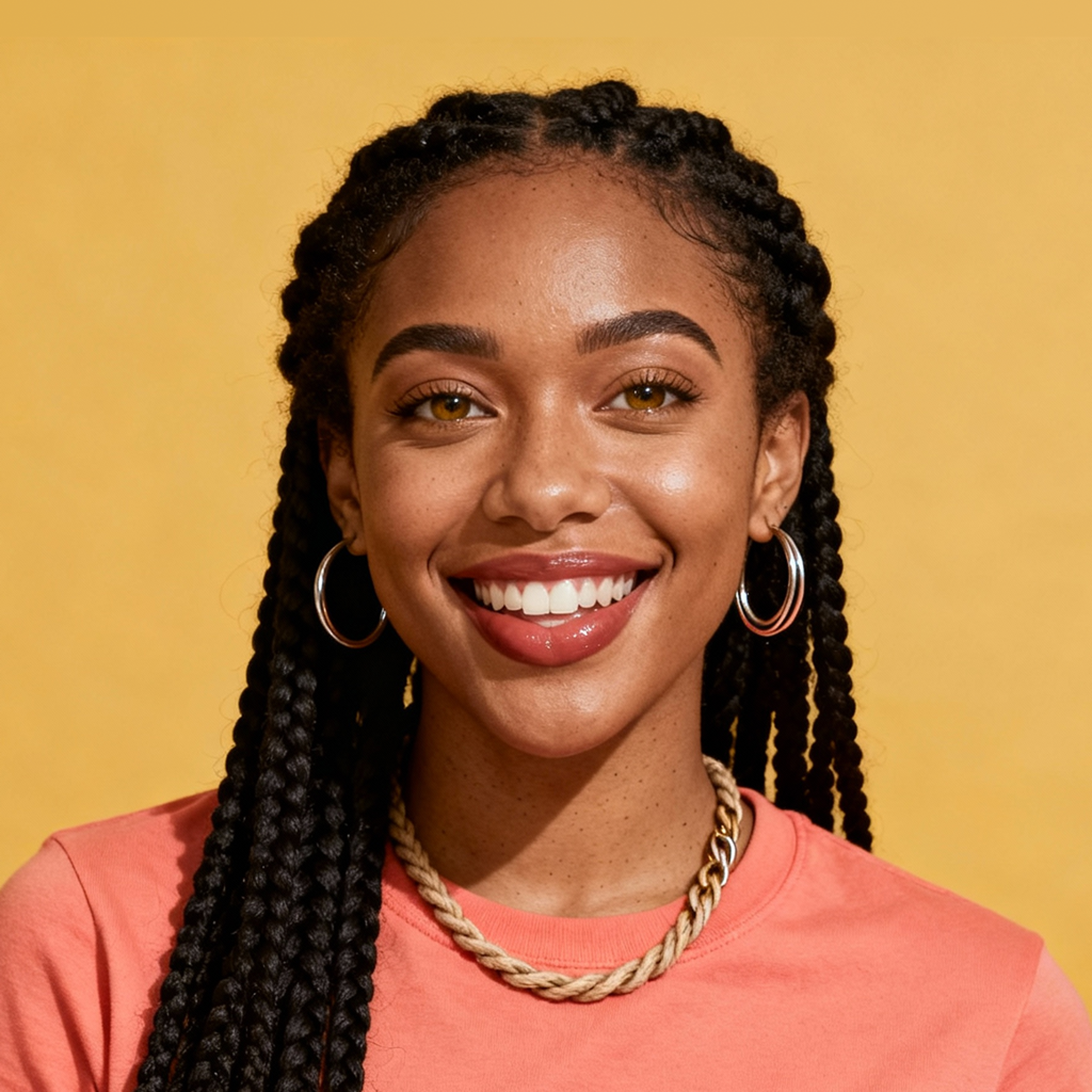 AI-generated portrait of a young woman with long braids and bright eyes, wearing a colorful top, posed with a wide smile against a warm yellow background in even light.