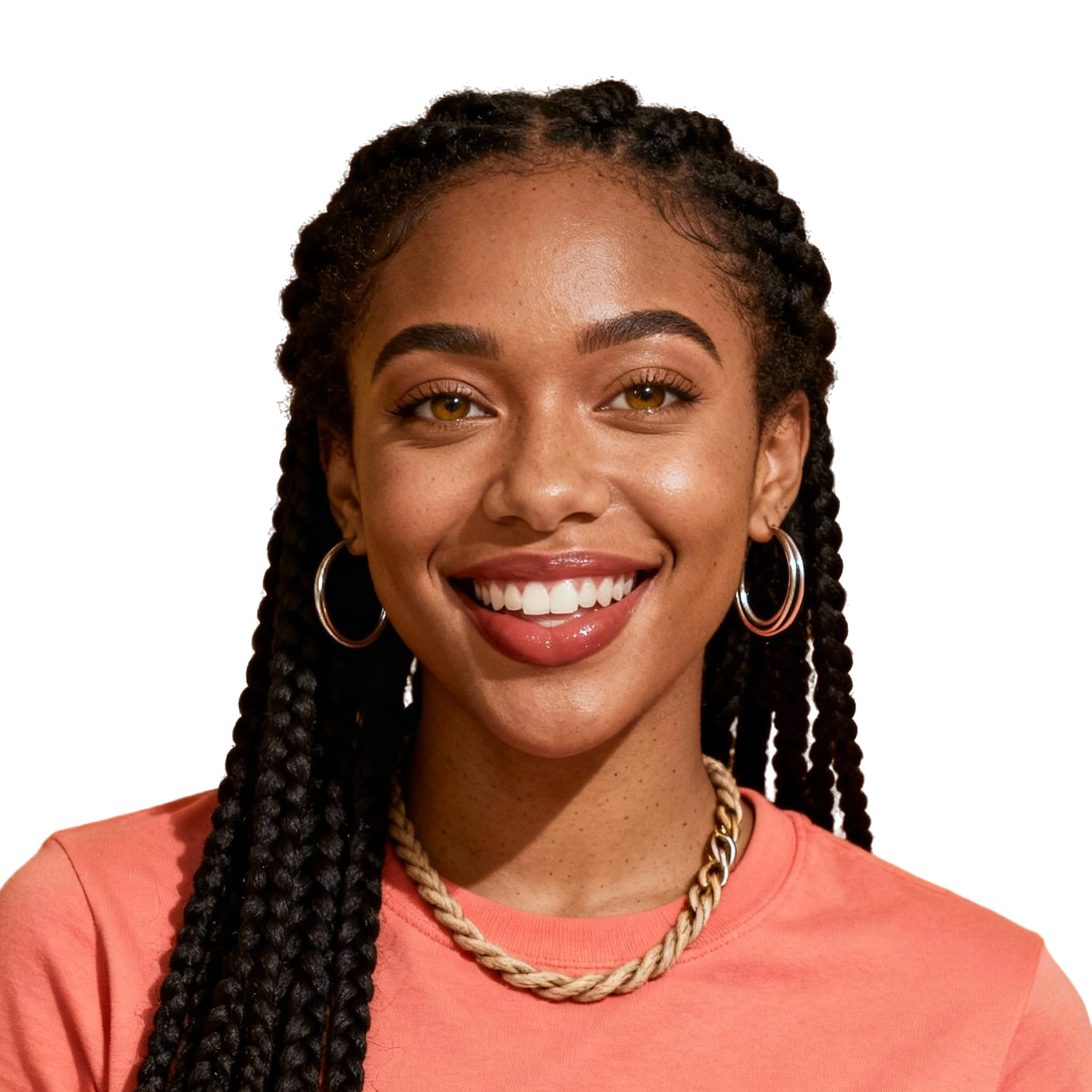 AI-generated portrait of a young woman with long braids and bright eyes, wearing a colorful top, posed with a wide smile against a transparent background in even light.