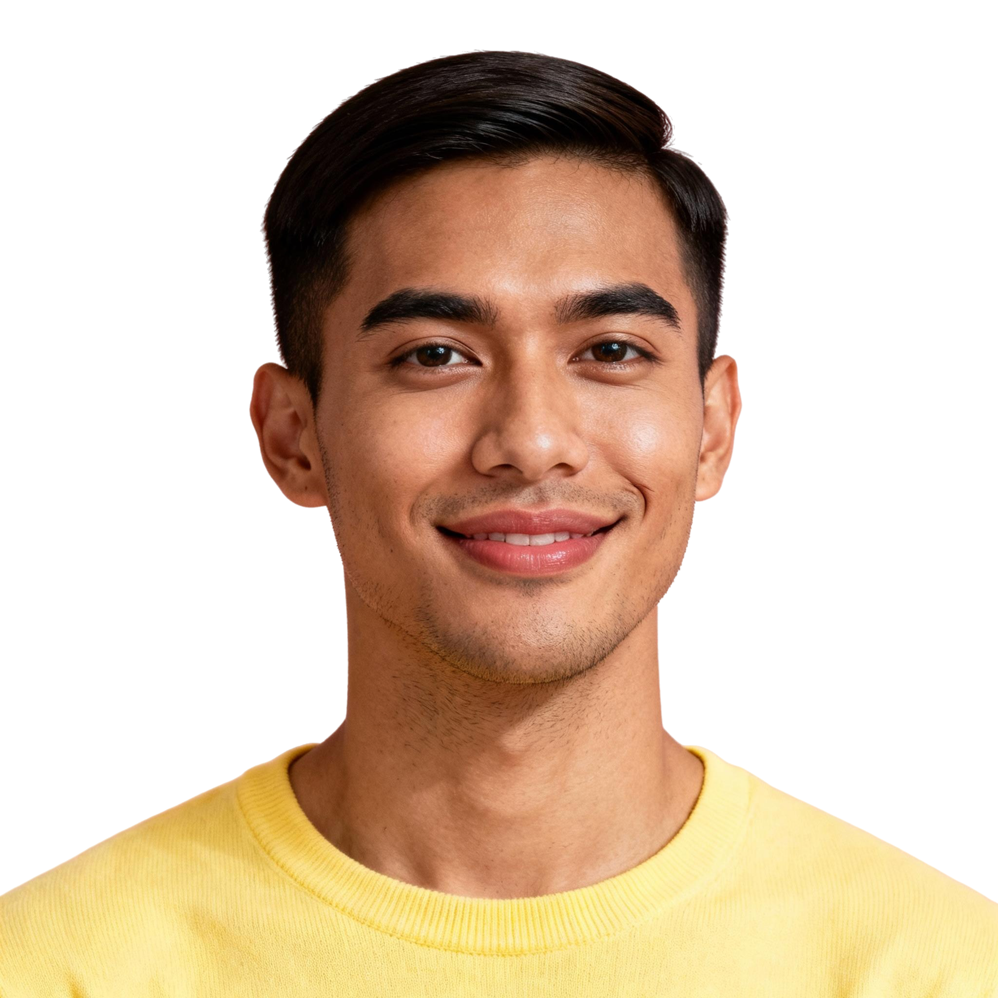 AI-generated portrait of a young man with neatly styled short hair and smooth features, wearing a pastel shirt, posed with an easy smile against a transparent background in even lighting.