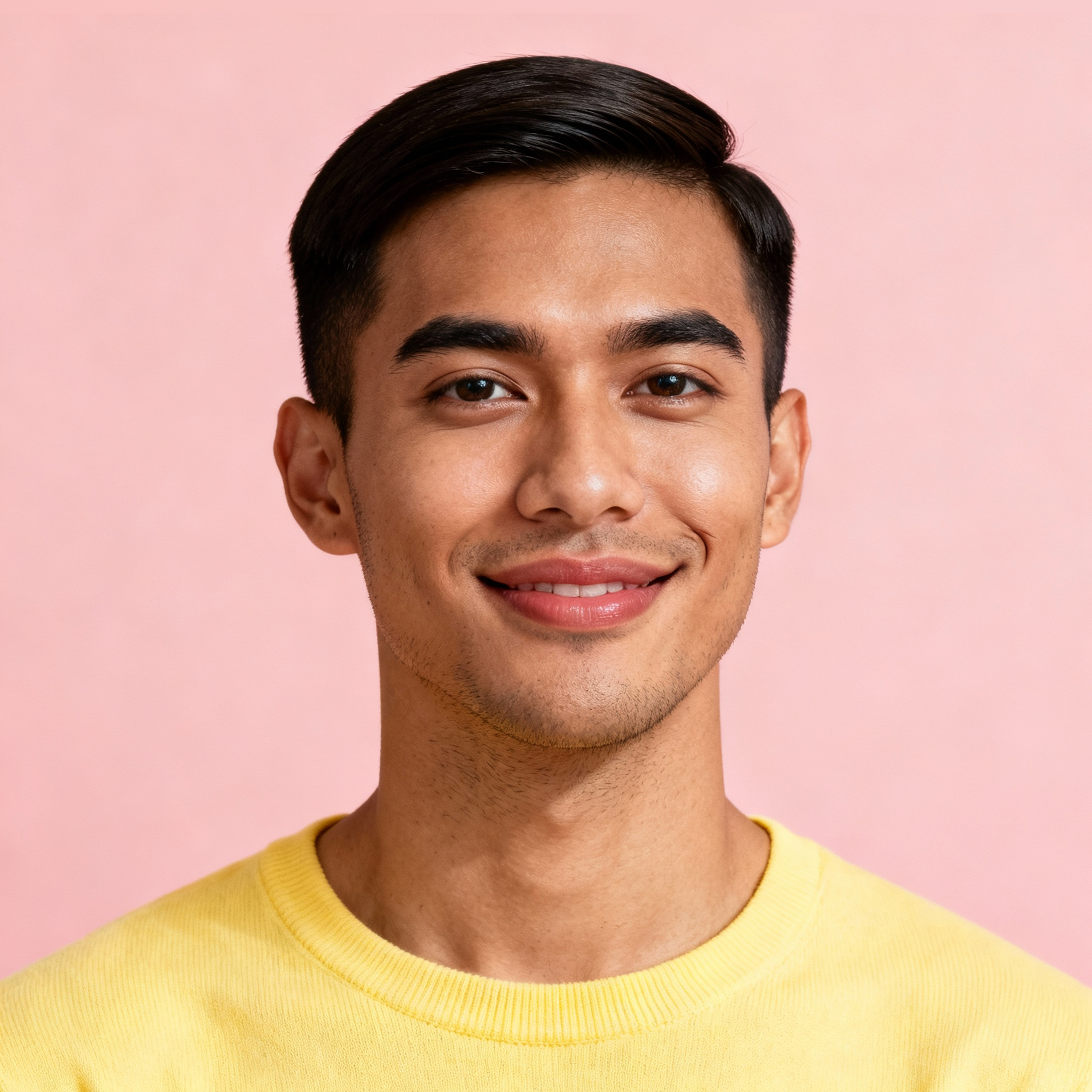AI-generated portrait of a young man with neatly styled short hair and smooth features, wearing a pastel shirt, posed with an easy smile against a light pink background in even lighting.