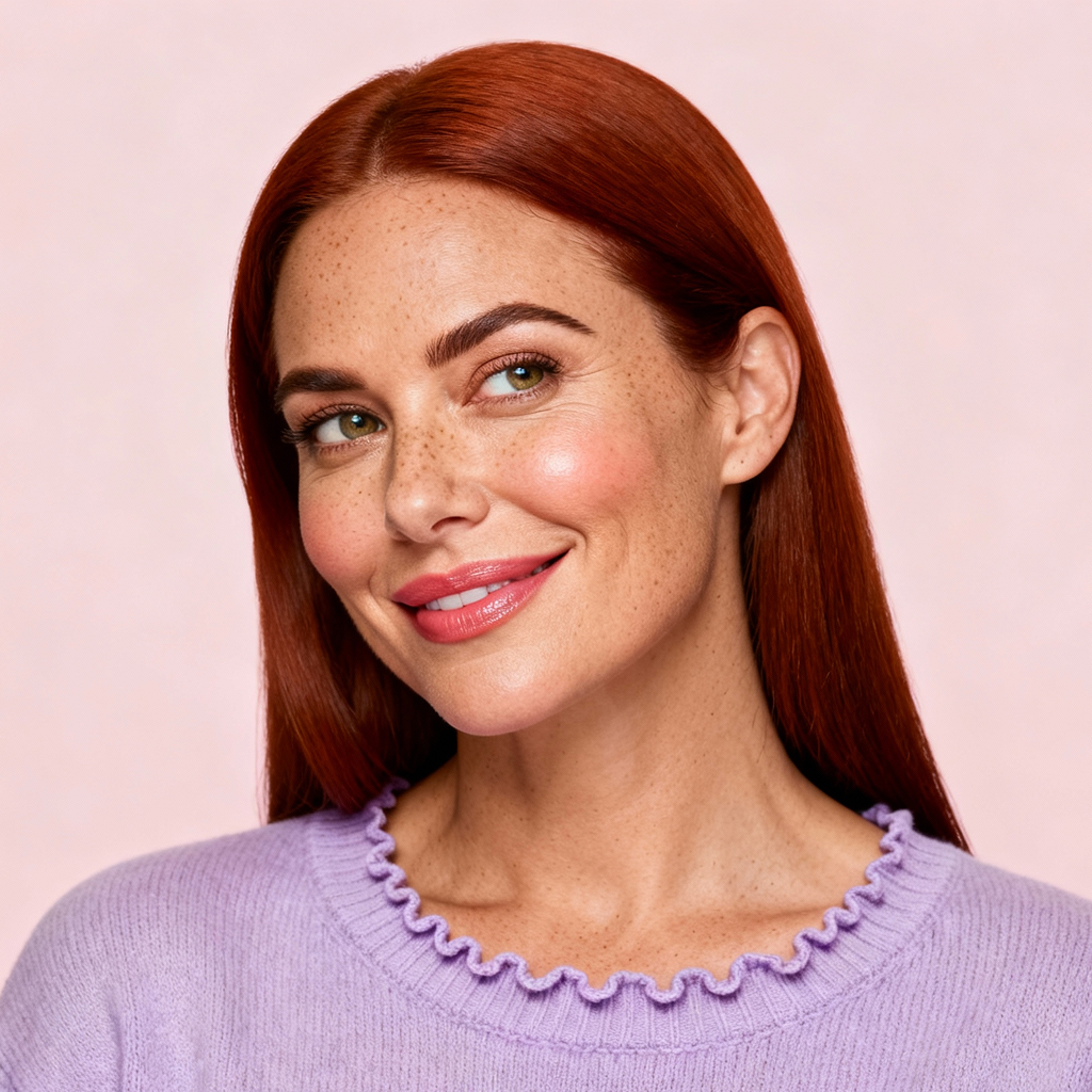 AI-generated portrait of a young woman with long straight hair and bold features, wearing a pastel top, posed with a confident smile against a soft pink background in even light.