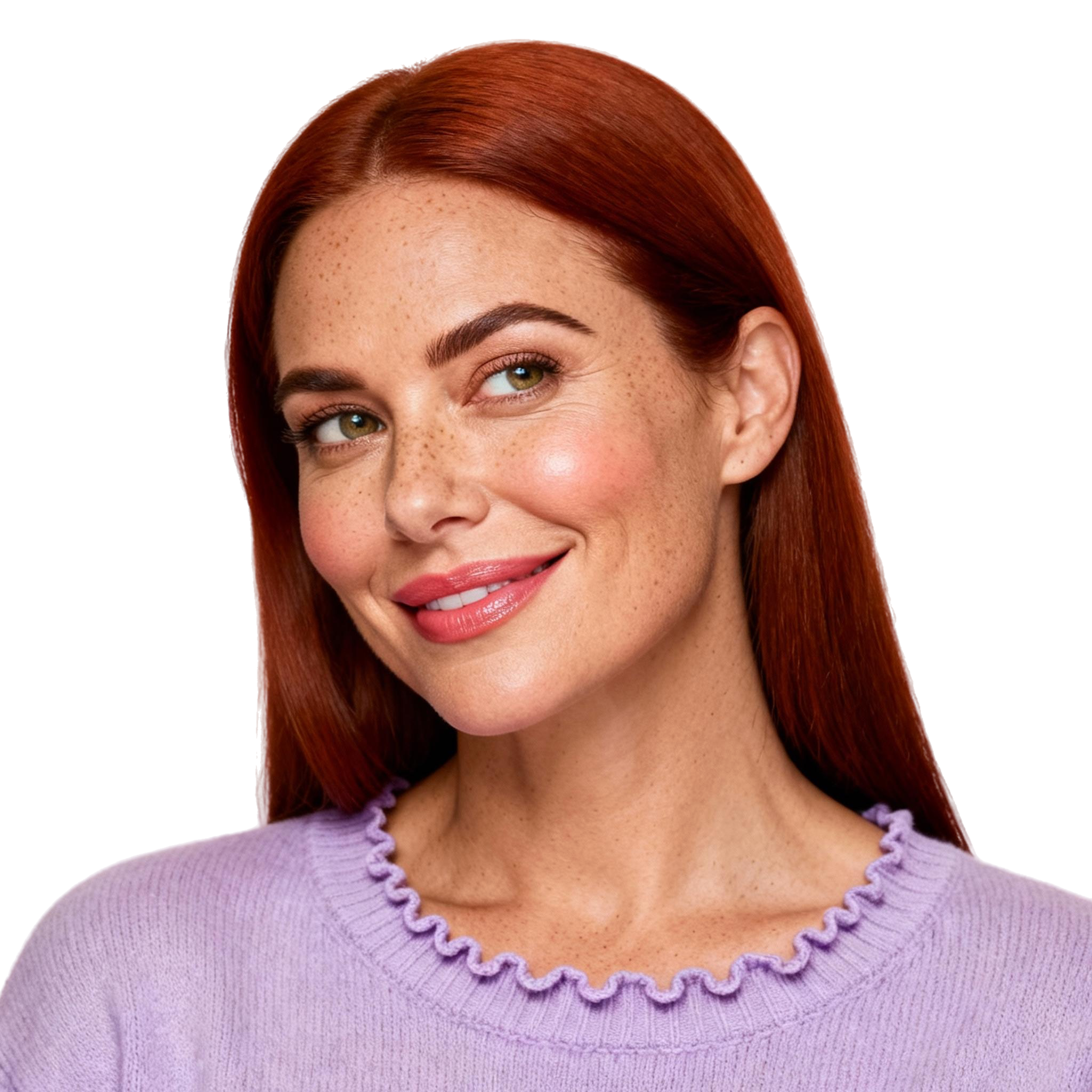 AI-generated portrait of a young woman with long straight hair and bold features, wearing a pastel top, posed with a confident smile against a transparent background in even light.