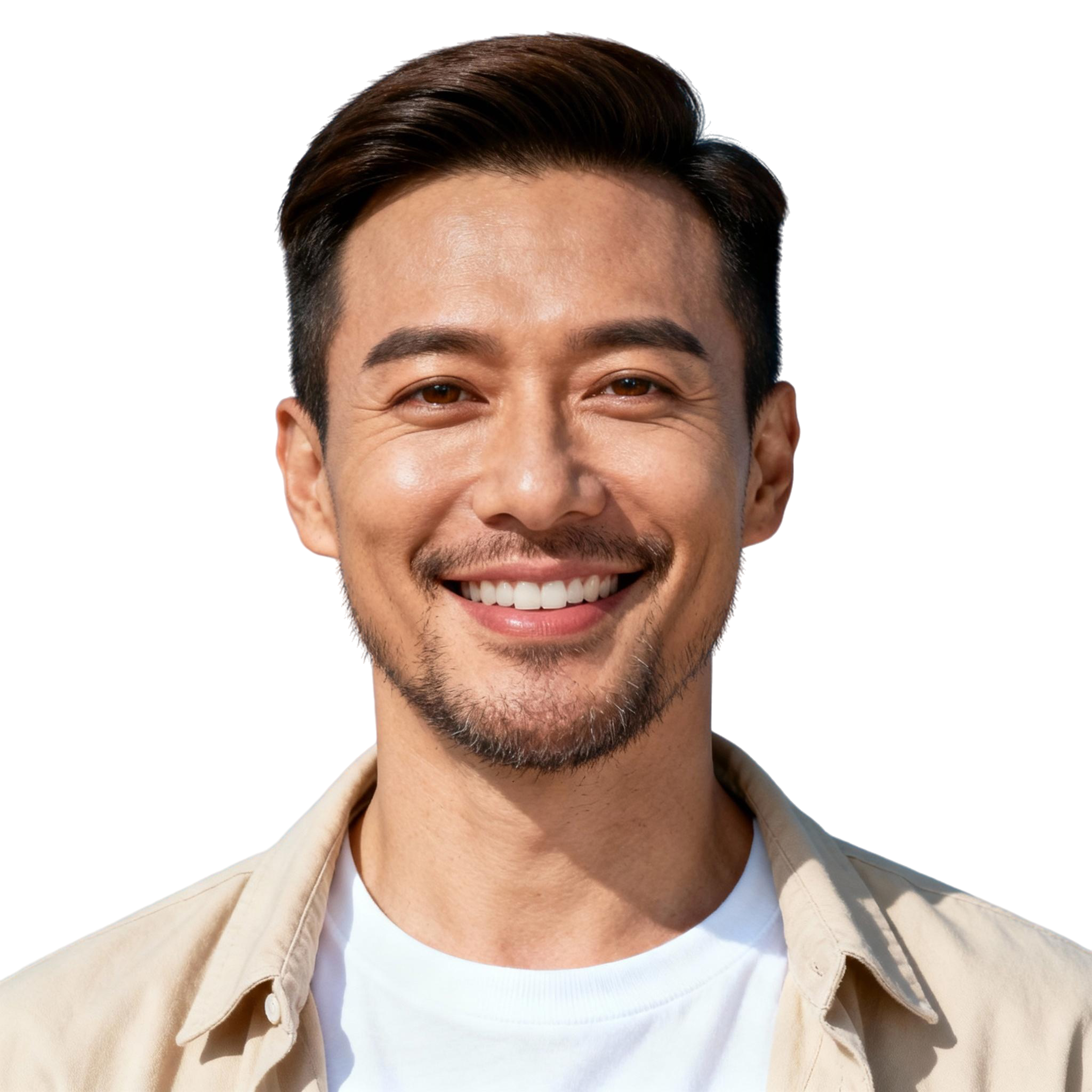 AI-generated portrait of a young man with short styled hair and light stubble, wearing a casual shirt, posed with a broad smile against a transparent background in even lighting.