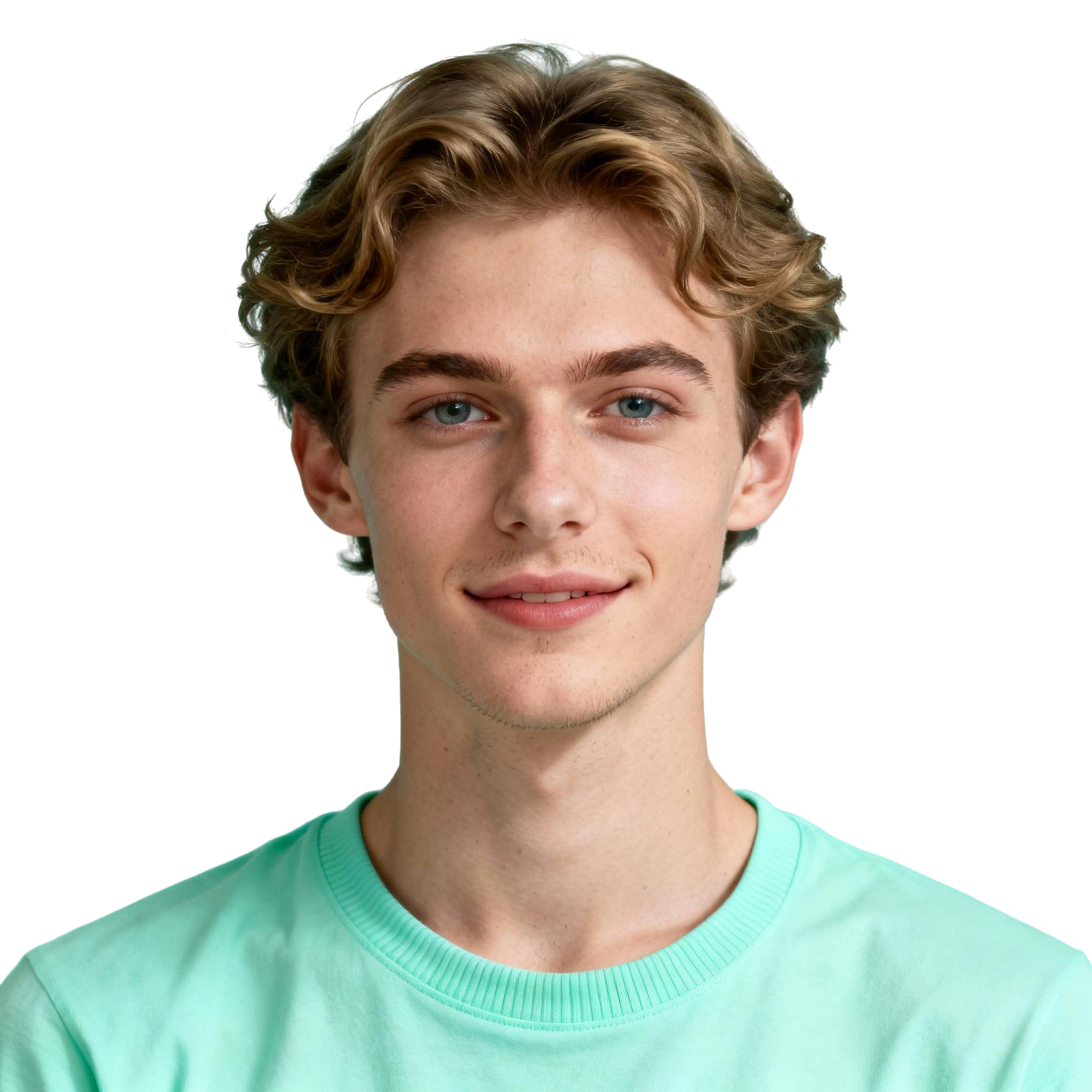 AI-generated portrait of a young man with wavy medium-length hair and clear features, wearing a pastel top, posed with an open smile against a transparent background in even studio light.