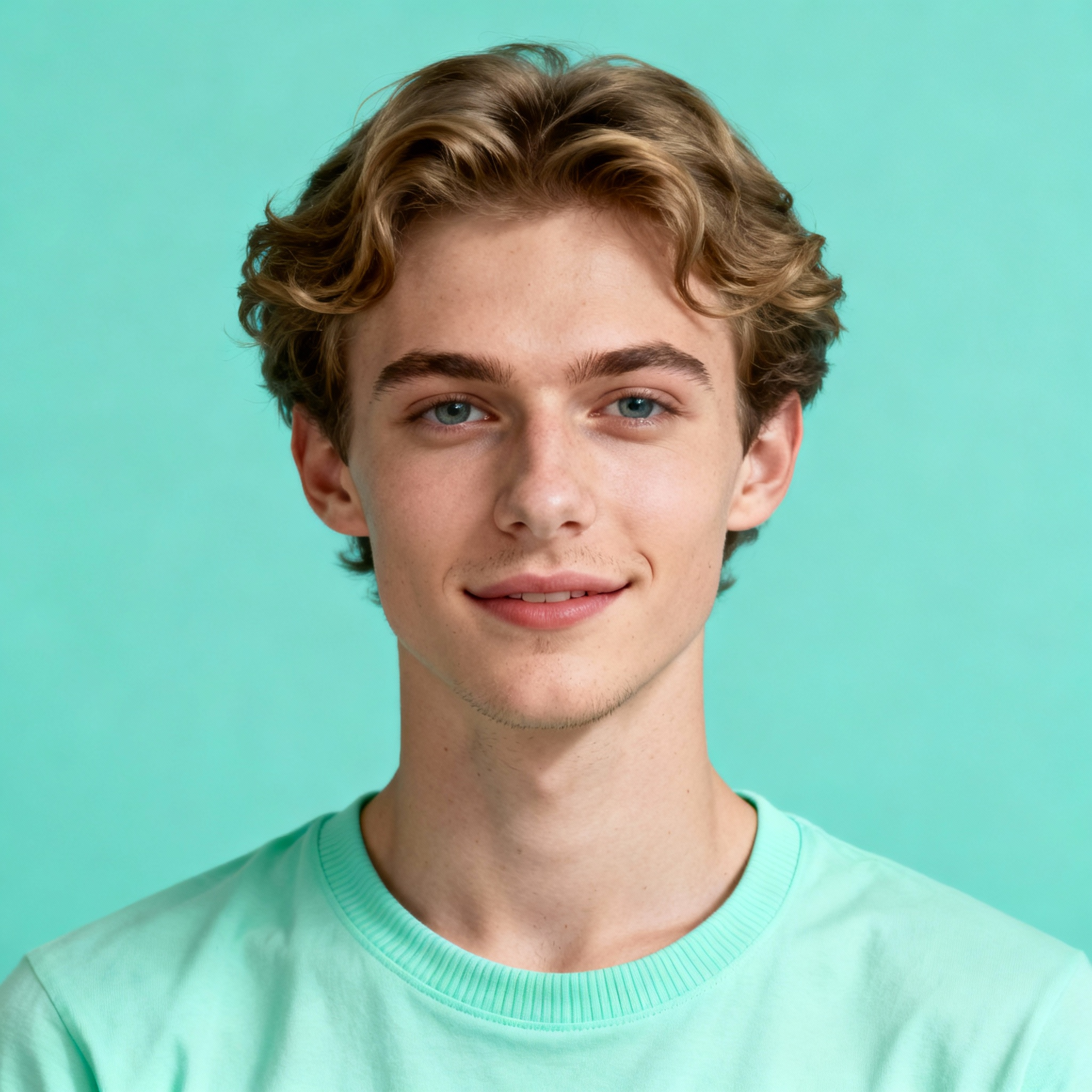 AI-generated portrait of a young man with wavy medium-length hair and clear features, wearing a pastel top, posed with an open smile against a mint background in even studio light.