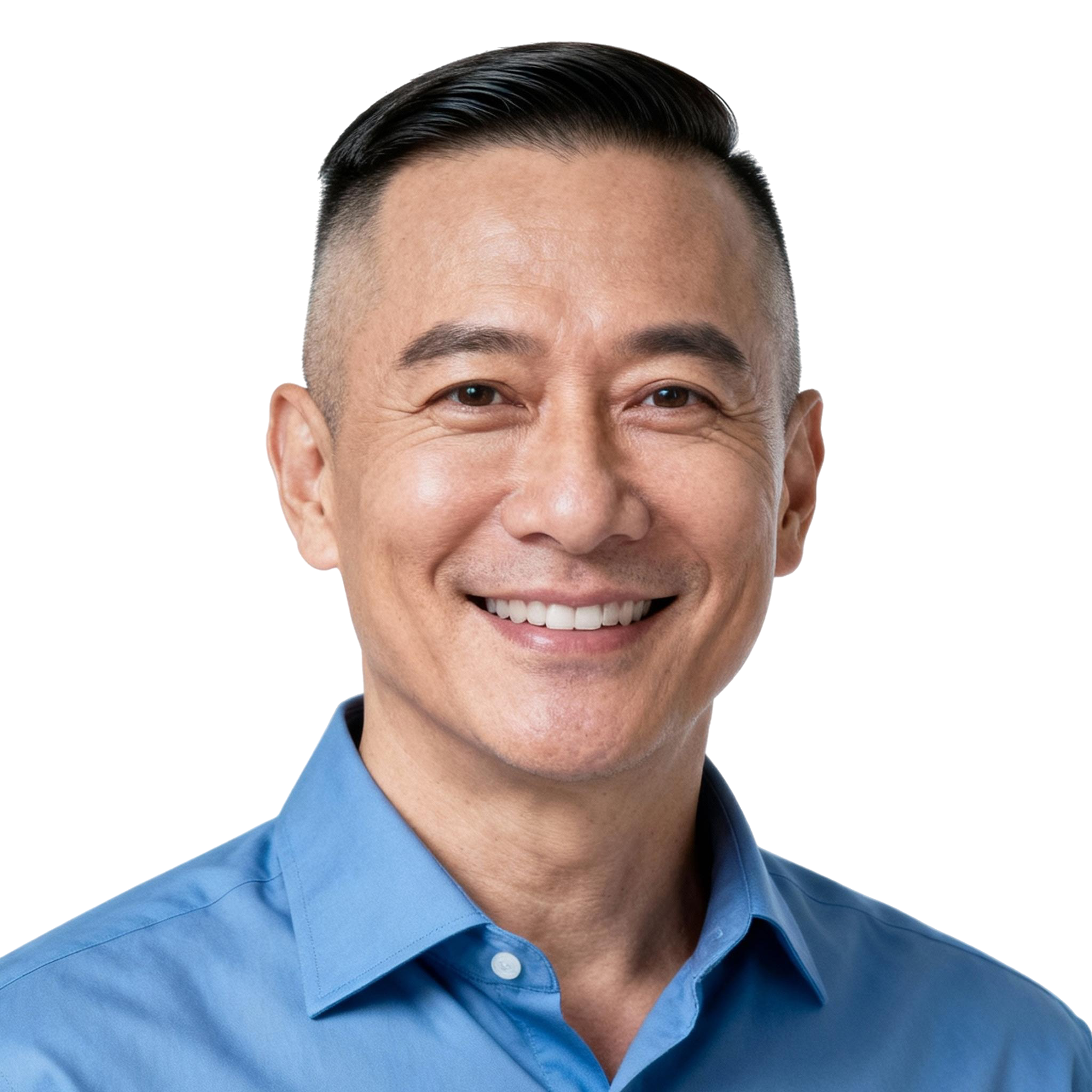 AI-generated portrait of a middle-aged man with short, neatly styled hair, wearing a light button-up shirt, posed with a warm smile against a transparent background with even lighting.
