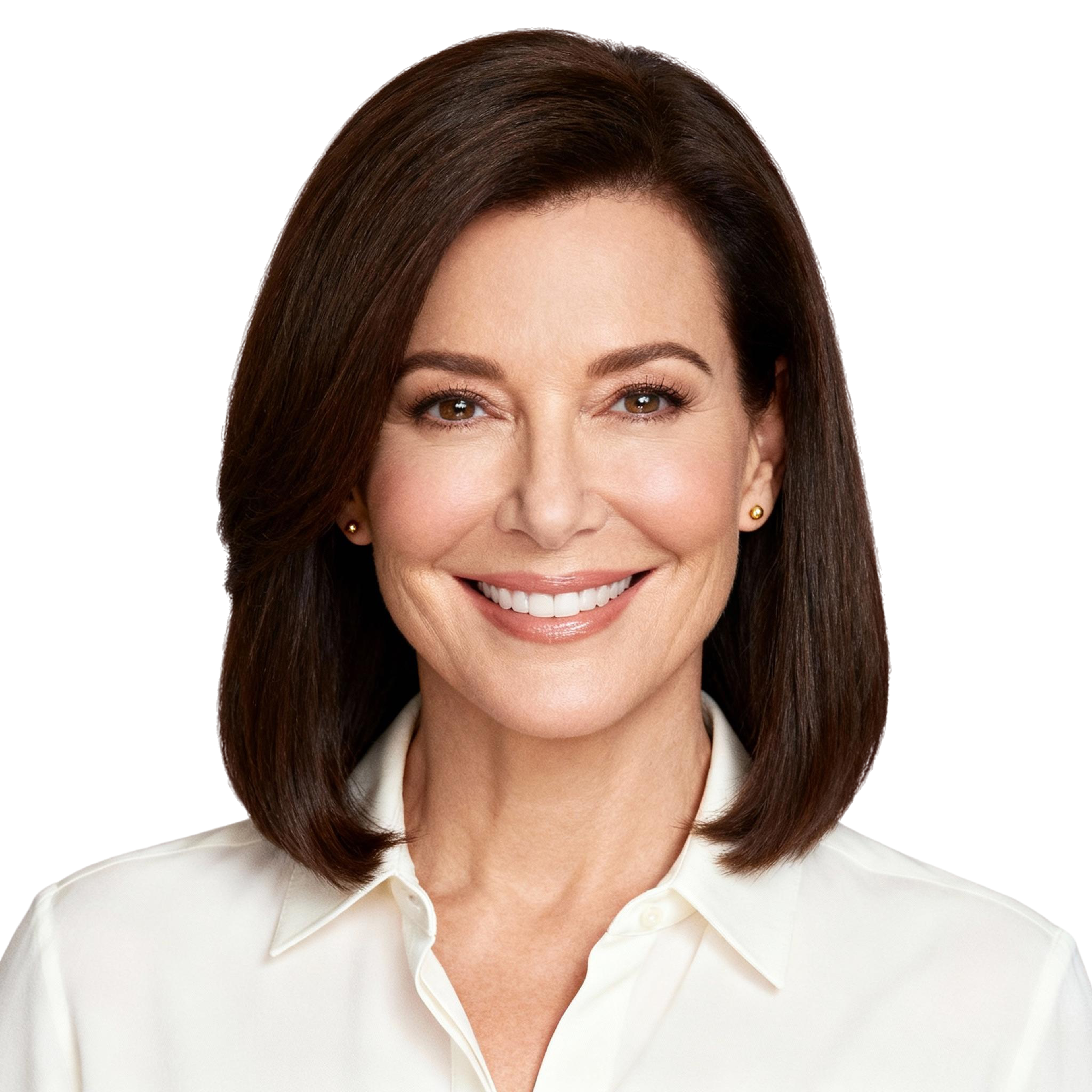 AI-generated portrait of a middle-aged woman with smooth shoulder-length hair, wearing a light blouse, posed with a gentle smile against a transparent background with balanced lighting.