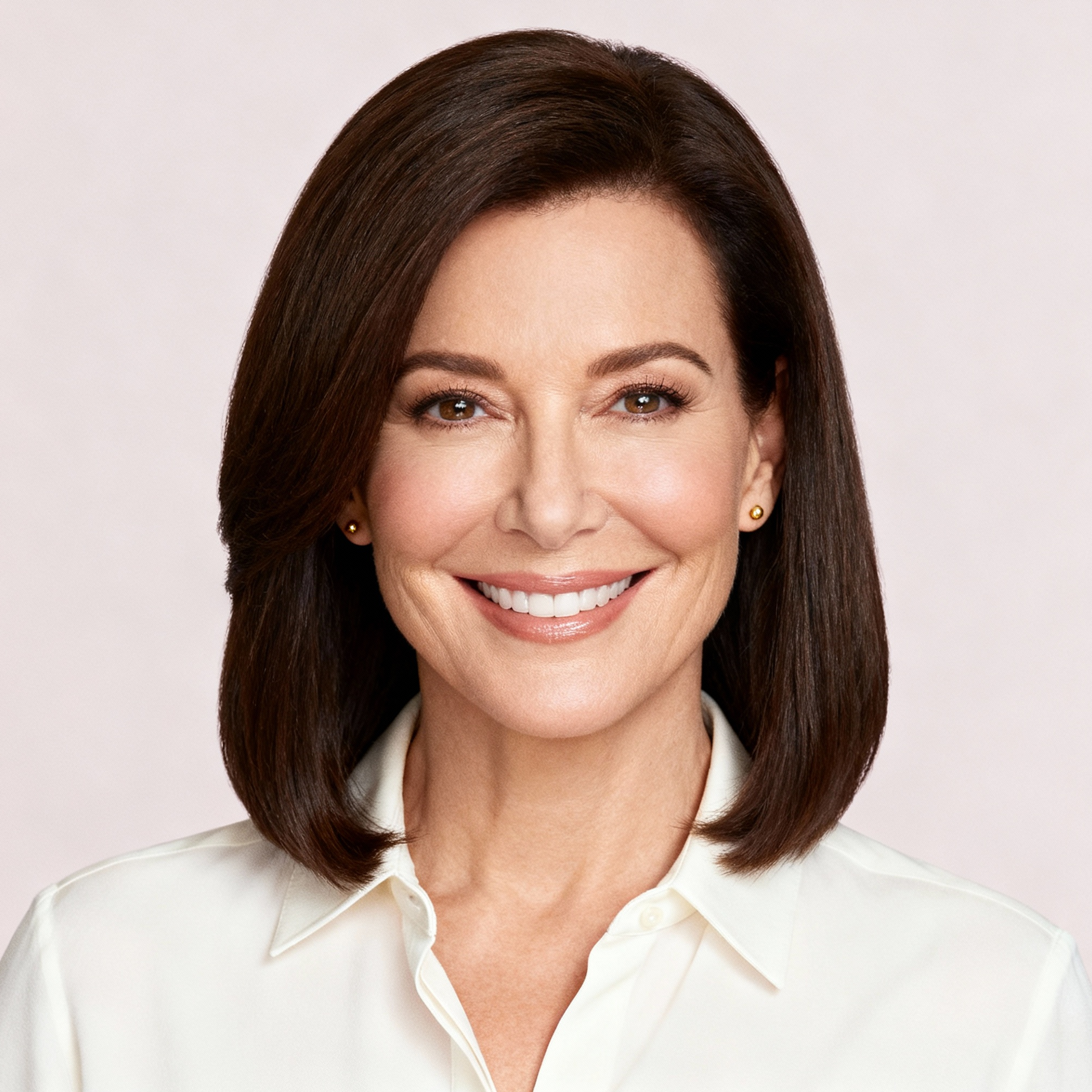 AI-generated portrait of a middle-aged woman with smooth shoulder-length hair, wearing a light blouse, posed with a gentle smile against a clean studio background in balanced lighting.