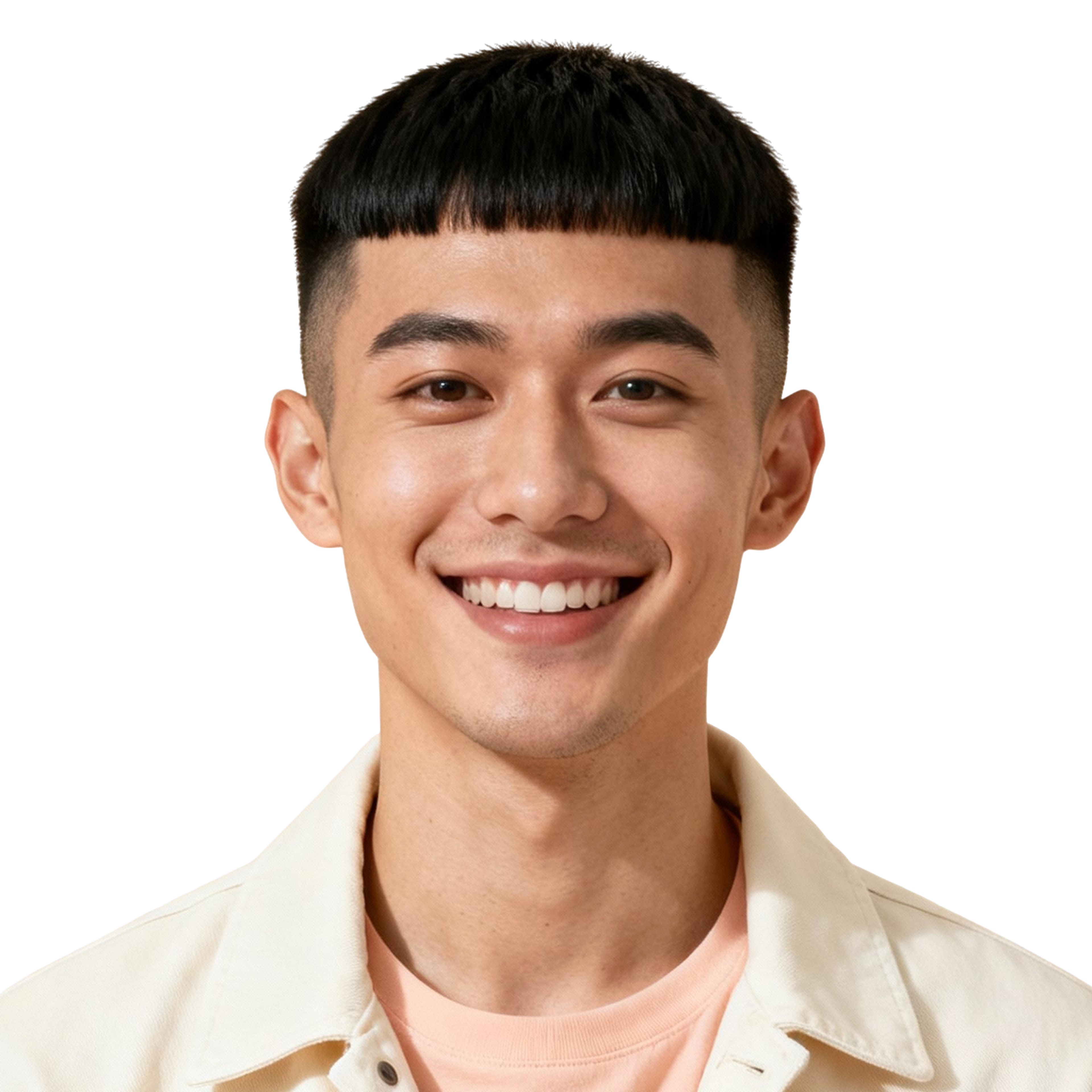 AI-generated portrait of a young man with neatly trimmed hair, wearing a light shirt, posed with a cheerful smile against a transparent background with even lighting.