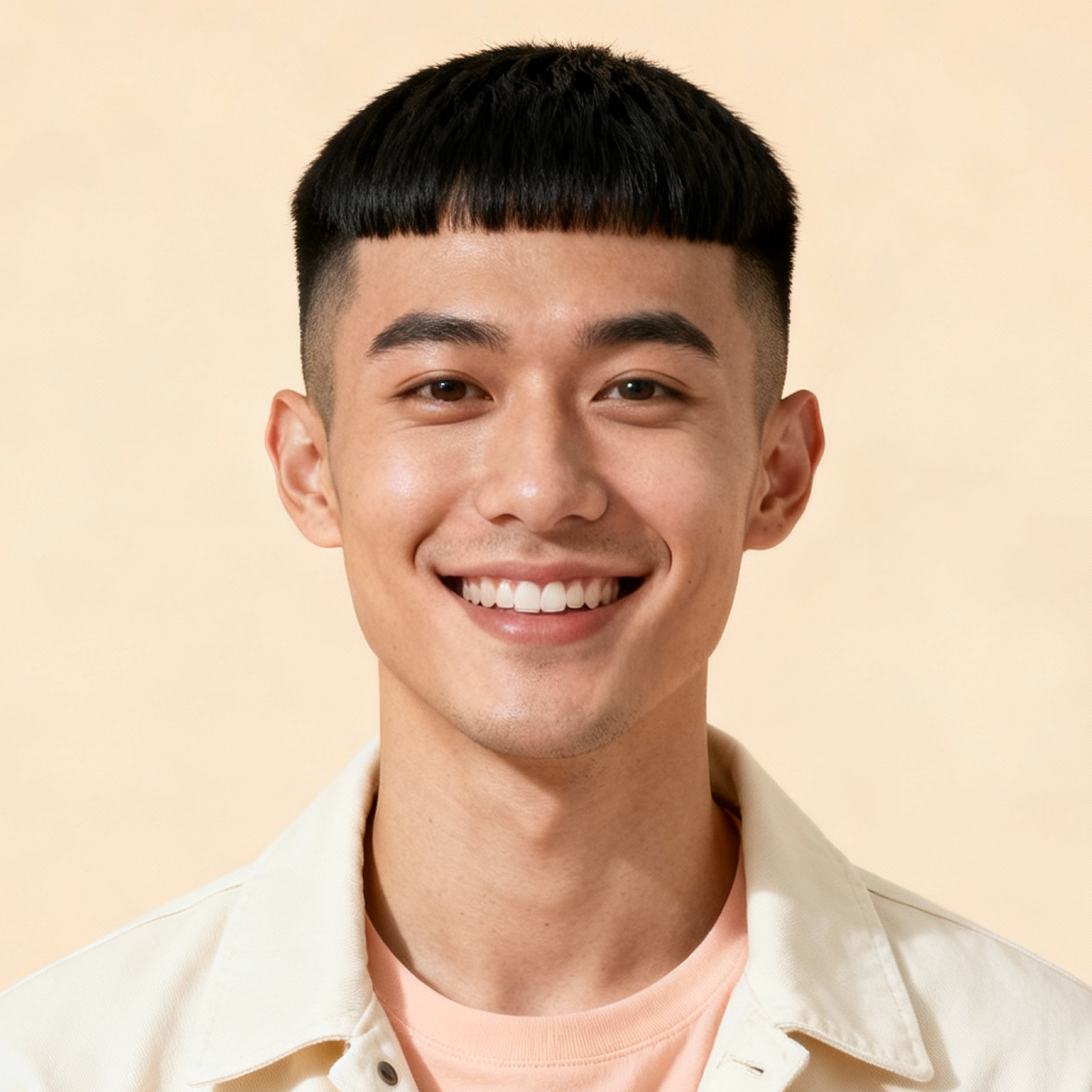 AI-generated portrait of a young man with neatly trimmed hair, wearing a light shirt, posed with a cheerful smile against a pale studio background in even lighting.