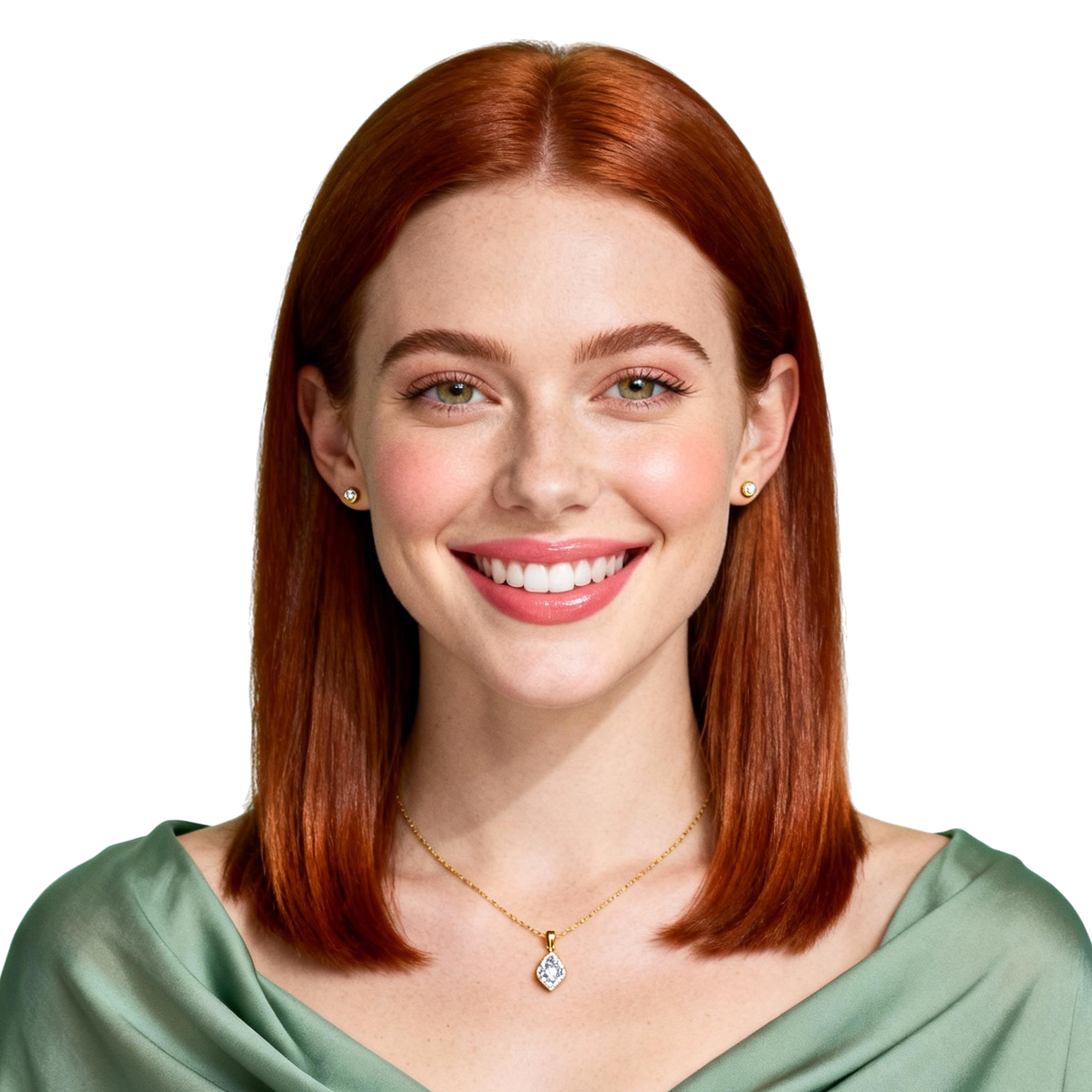 AI-generated portrait of a young woman with straight shoulder-length hair, wearing a light top, posed with a bright smile against a transparent background with even lighting.