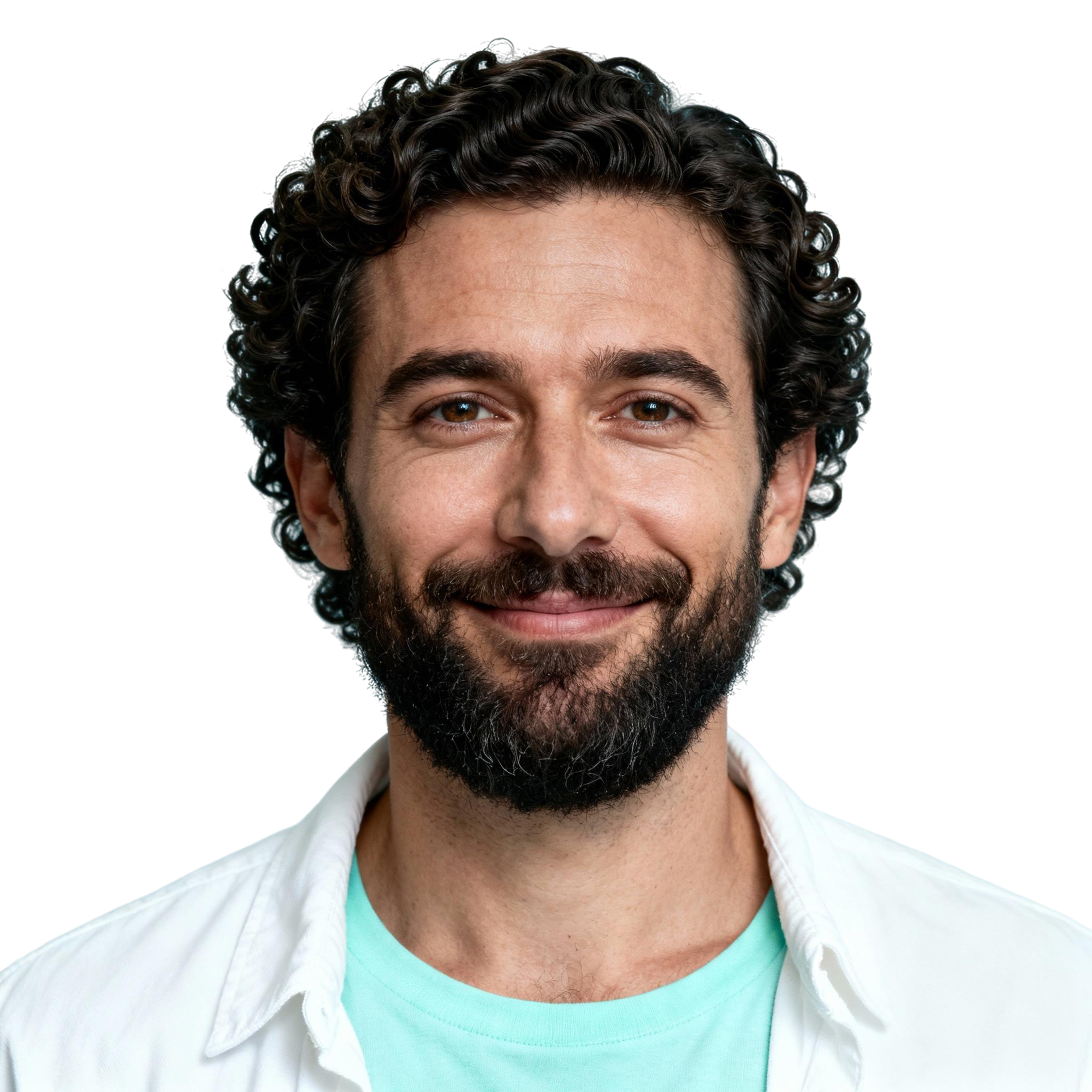 AI-generated portrait of a young man with short curly hair and light facial hair, wearing a light shirt, posed with an easy smile against a transparent background with even lighting.