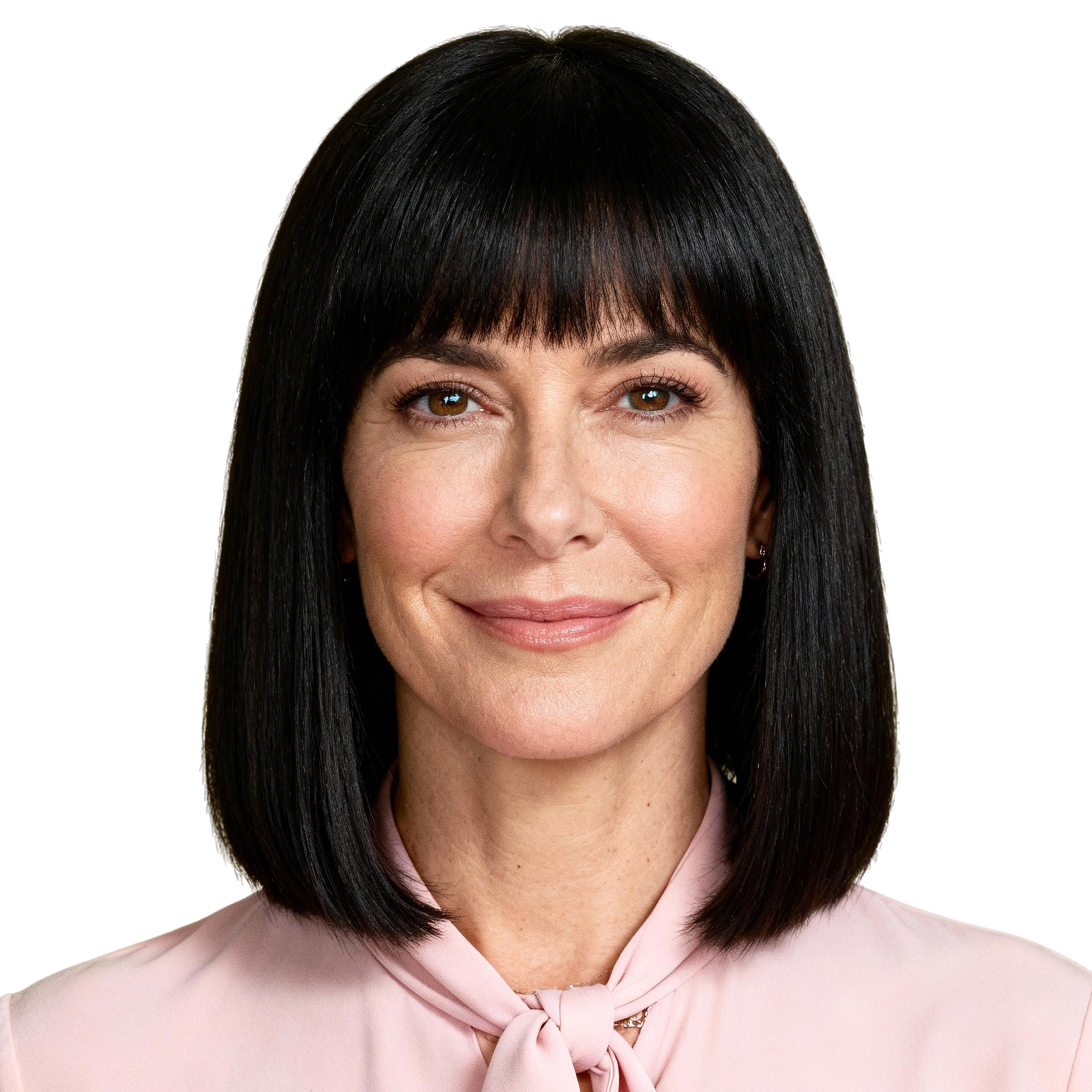 AI-generated portrait of a middle-aged woman with straight shoulder-length hair, wearing a light blouse, posed with a calm smile against a transparent background with even lighting.