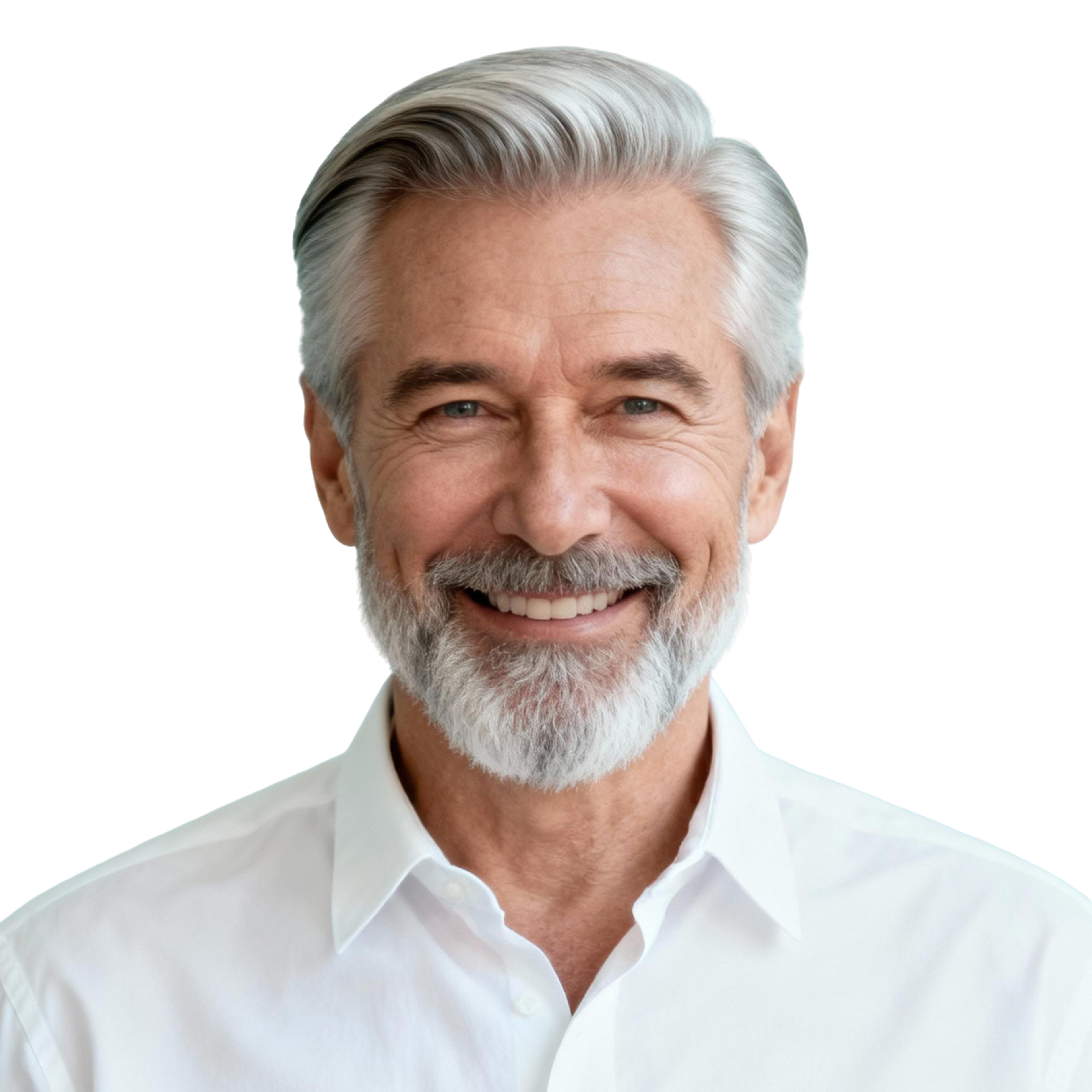 AI-generated portrait of an older man with gray hair and a full beard, wearing a light button-up shirt, posed with a welcoming smile against a transparent background with even lighting.