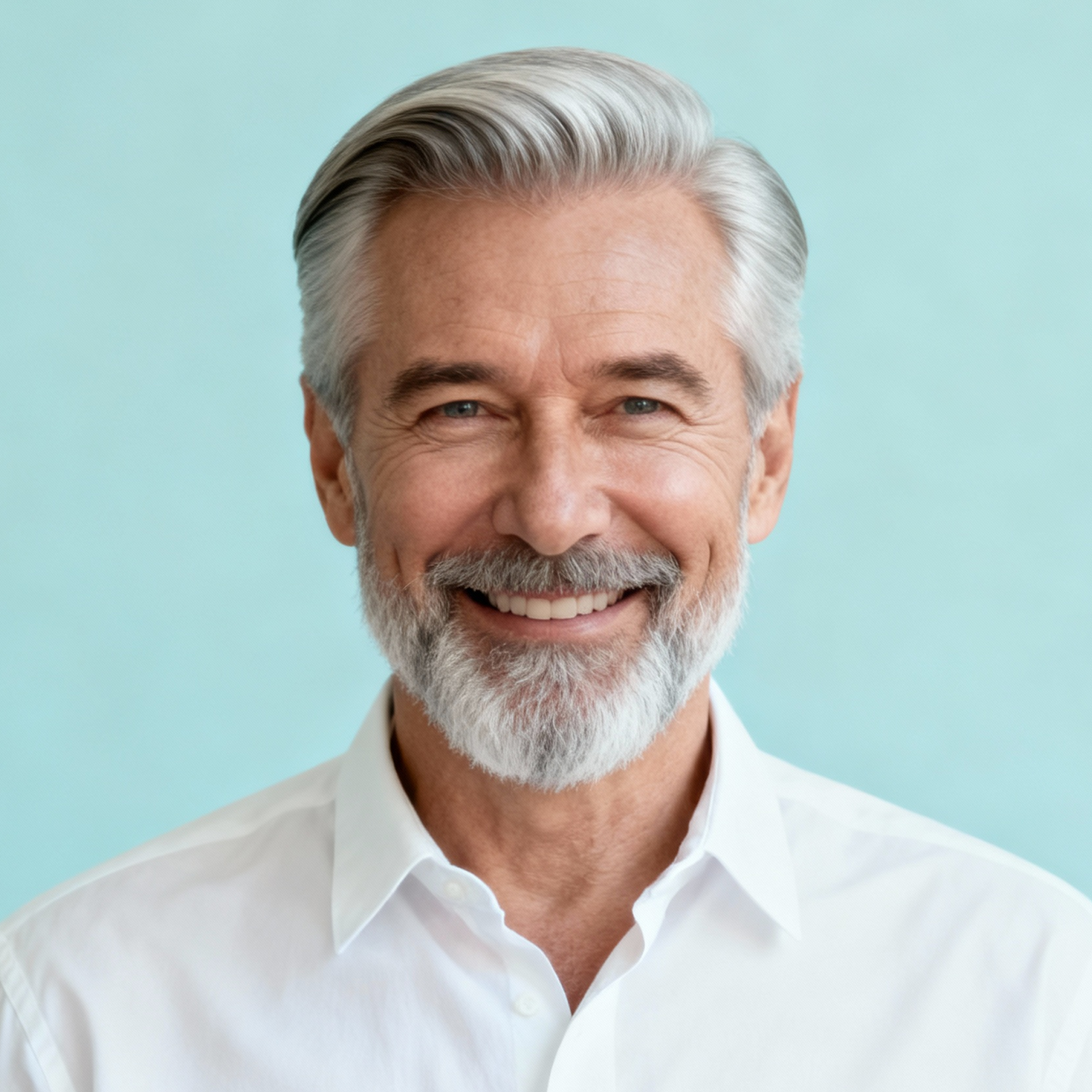 AI-generated portrait of an older man with gray hair and a full beard, wearing a light button-up shirt, posed with a welcoming smile against a pale studio background in even lighting.