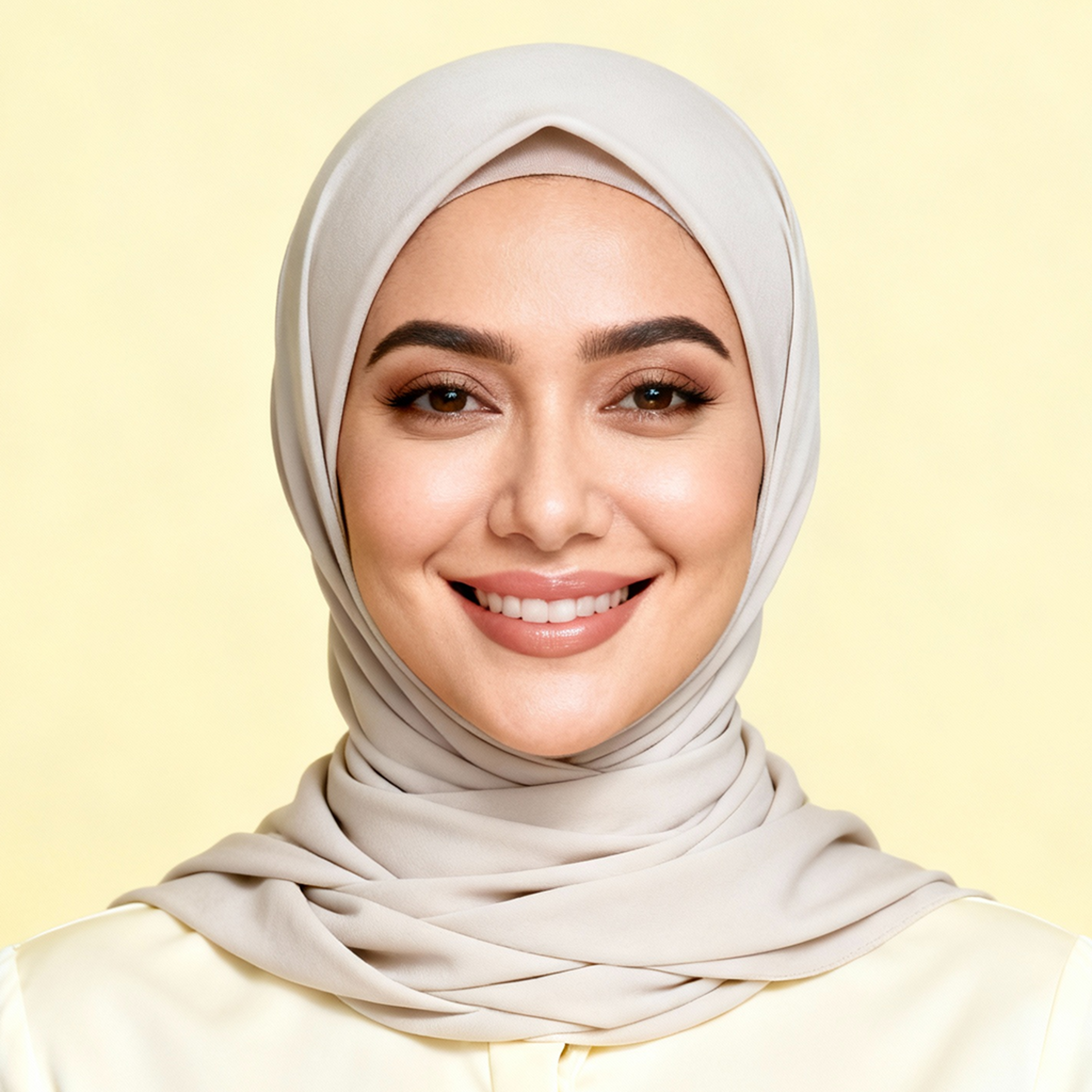 AI-generated portrait of a young woman wearing a light headscarf and modest top, posed with a calm smile against a pale studio background in even lighting.
