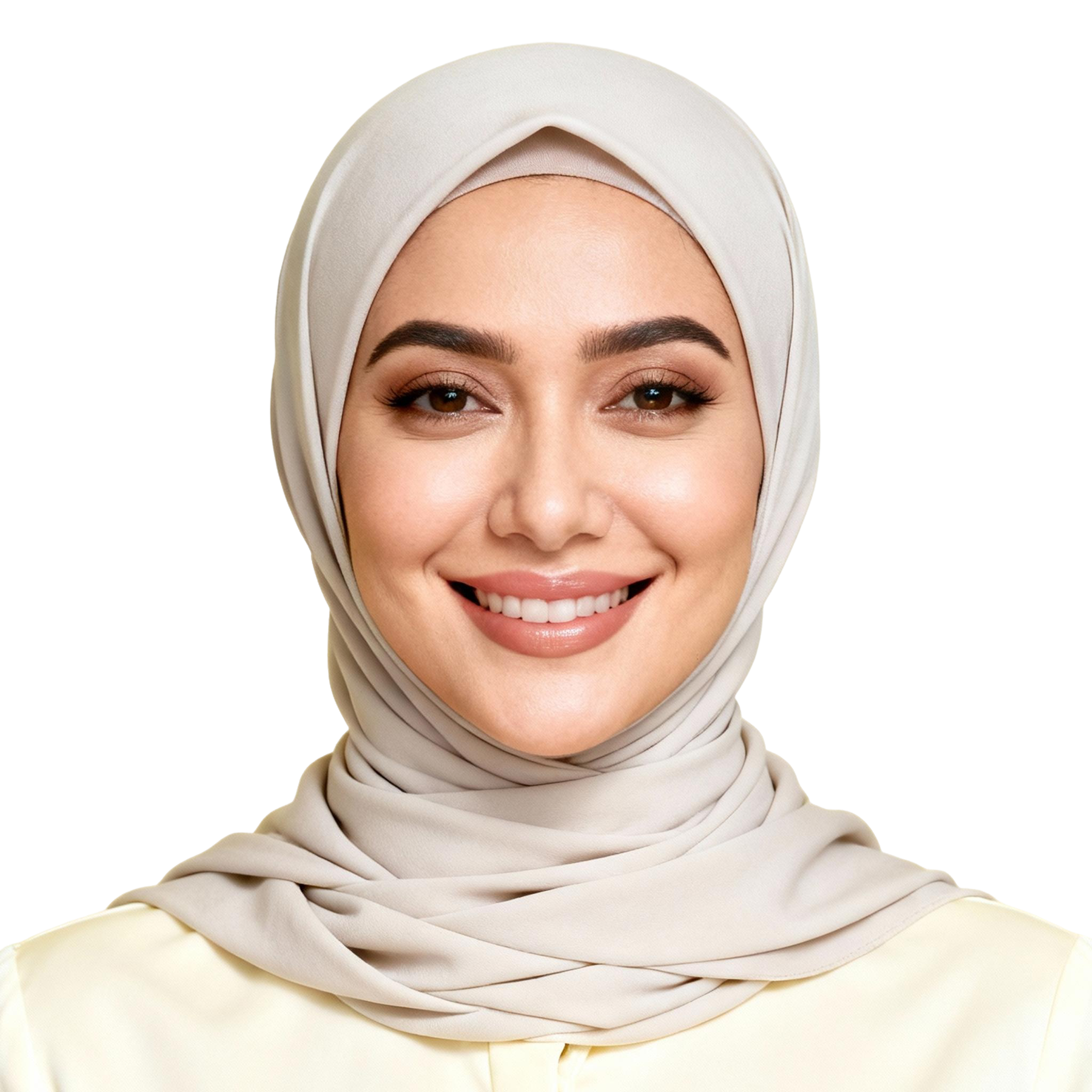 AI-generated portrait of a young woman wearing a light headscarf and modest top, posed with a calm smile against a transparent background with even lighting.