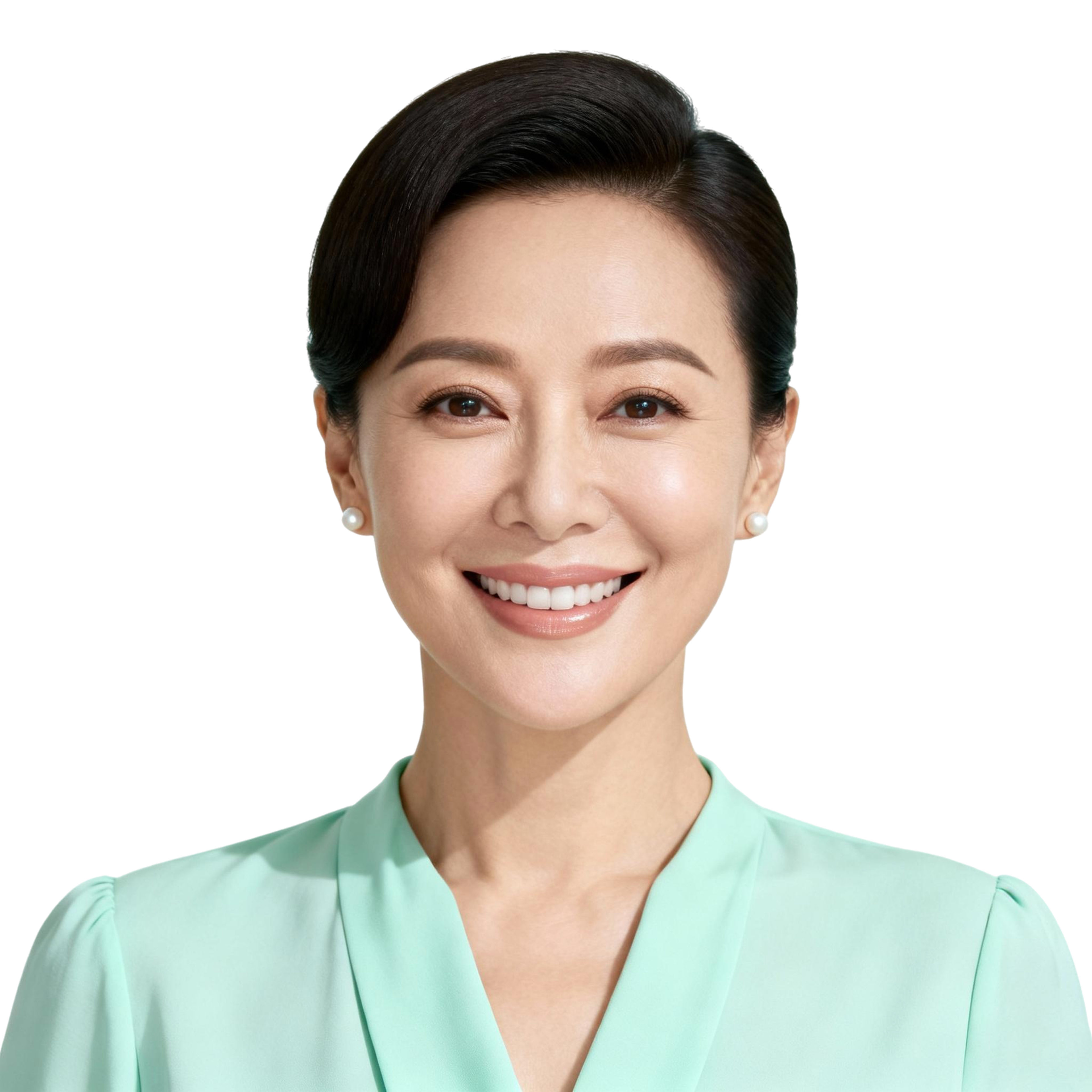 AI-generated portrait of a middle-aged woman with neatly styled hair, wearing a mint colored blouse, posed with a relaxed smile against a transparent background in even lighting.