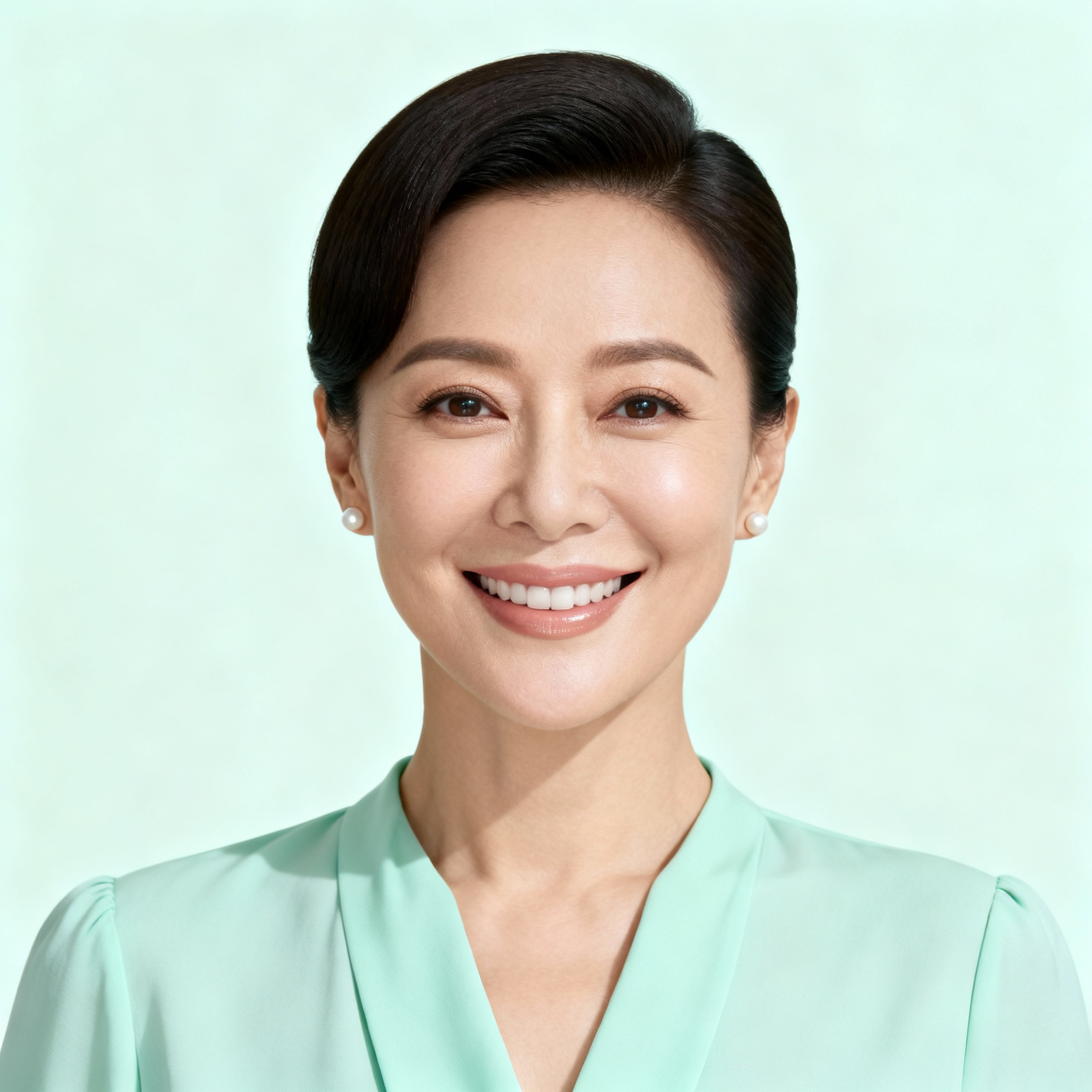 AI-generated portrait of a middle-aged woman with neatly styled hair, wearing a mint colored blouse, posed with a relaxed smile against a pale studio background in even lighting.
