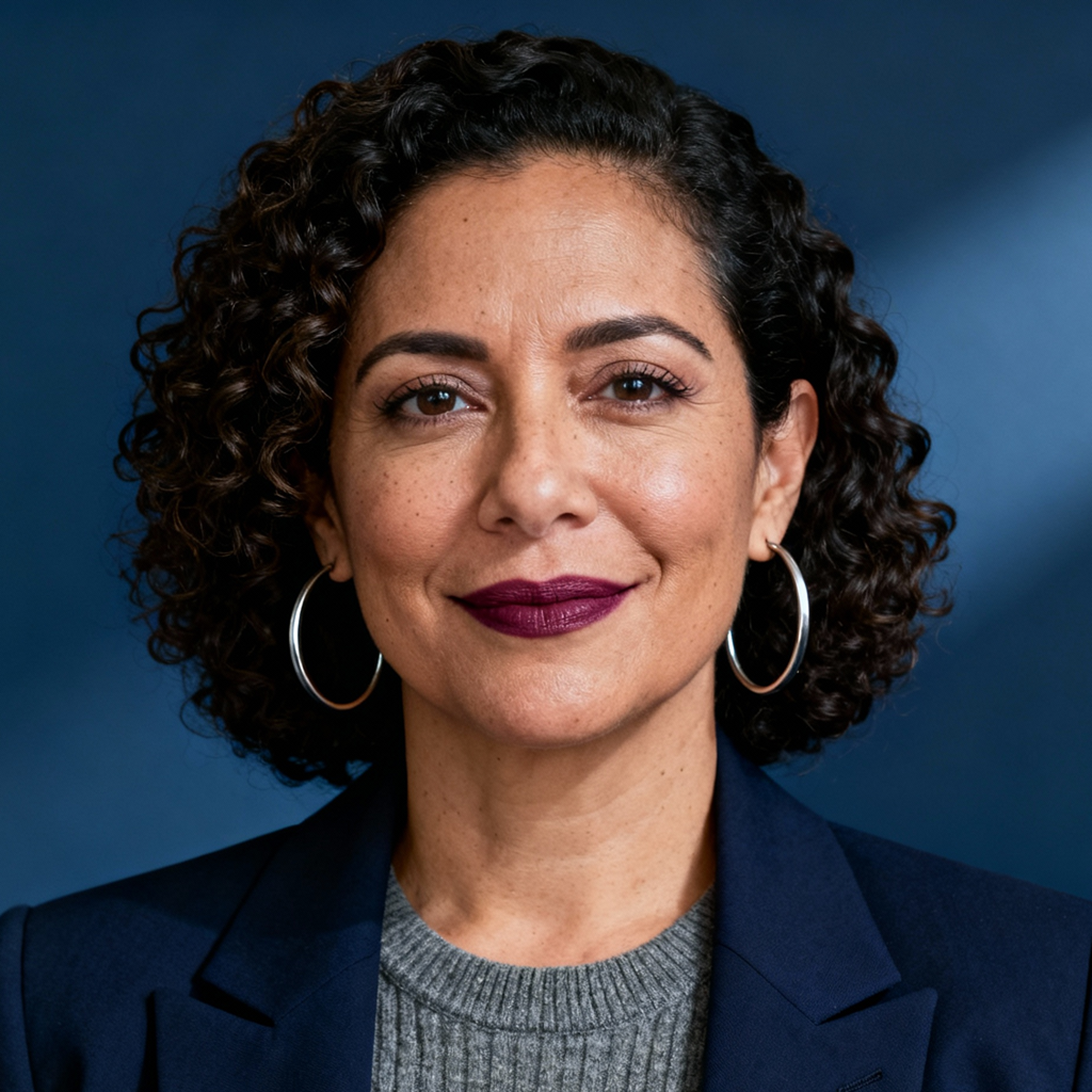 AI-generated portrait of a middle-aged woman with short curly hair and defined features, wearing a blazer and knit top, posed with a confident expression against a muted blue background in soft studio lighting.