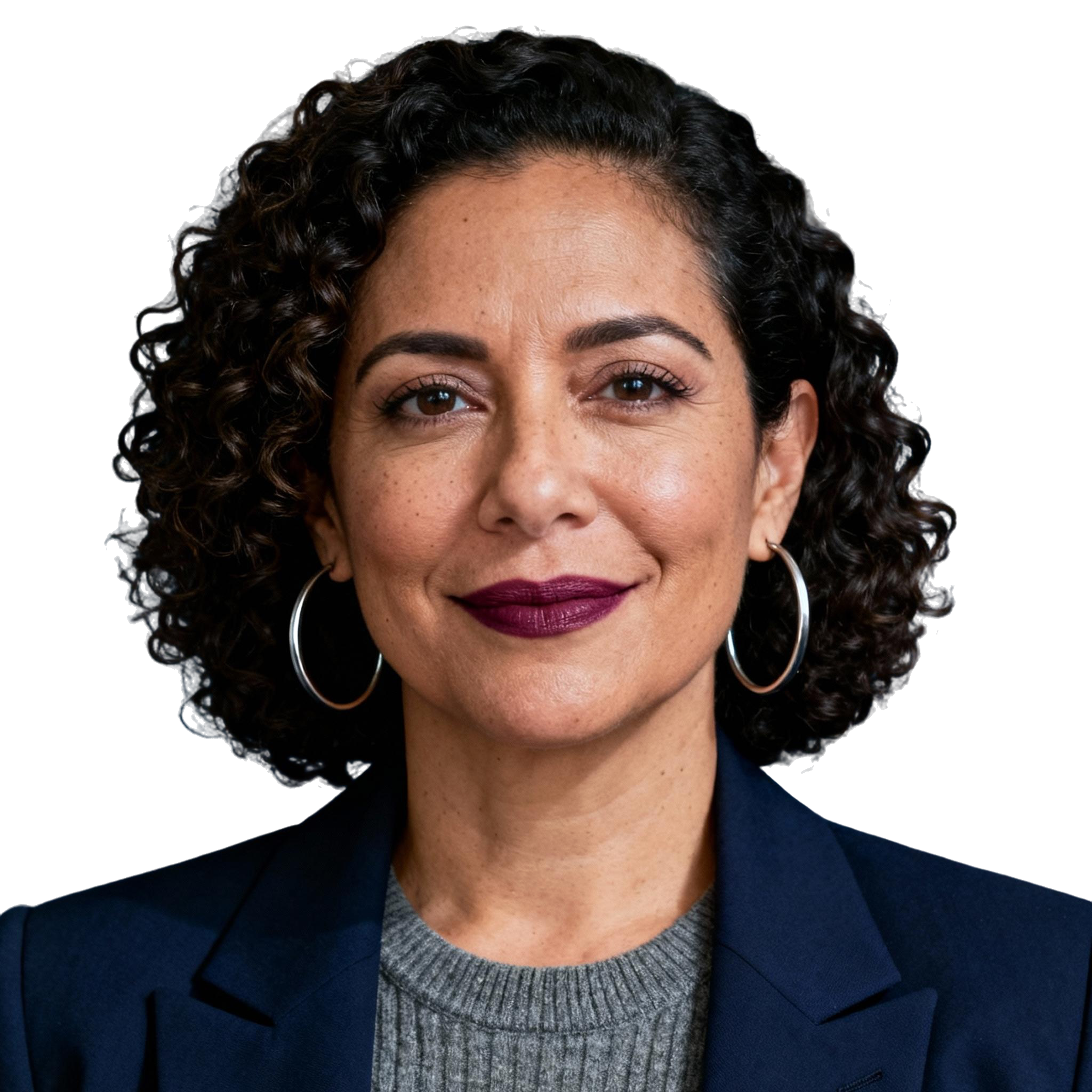 AI-generated portrait of a middle-aged woman with short curly hair and defined features, wearing a blazer and knit top, posed with a confident expression against a transparent background in soft studio lighting.
