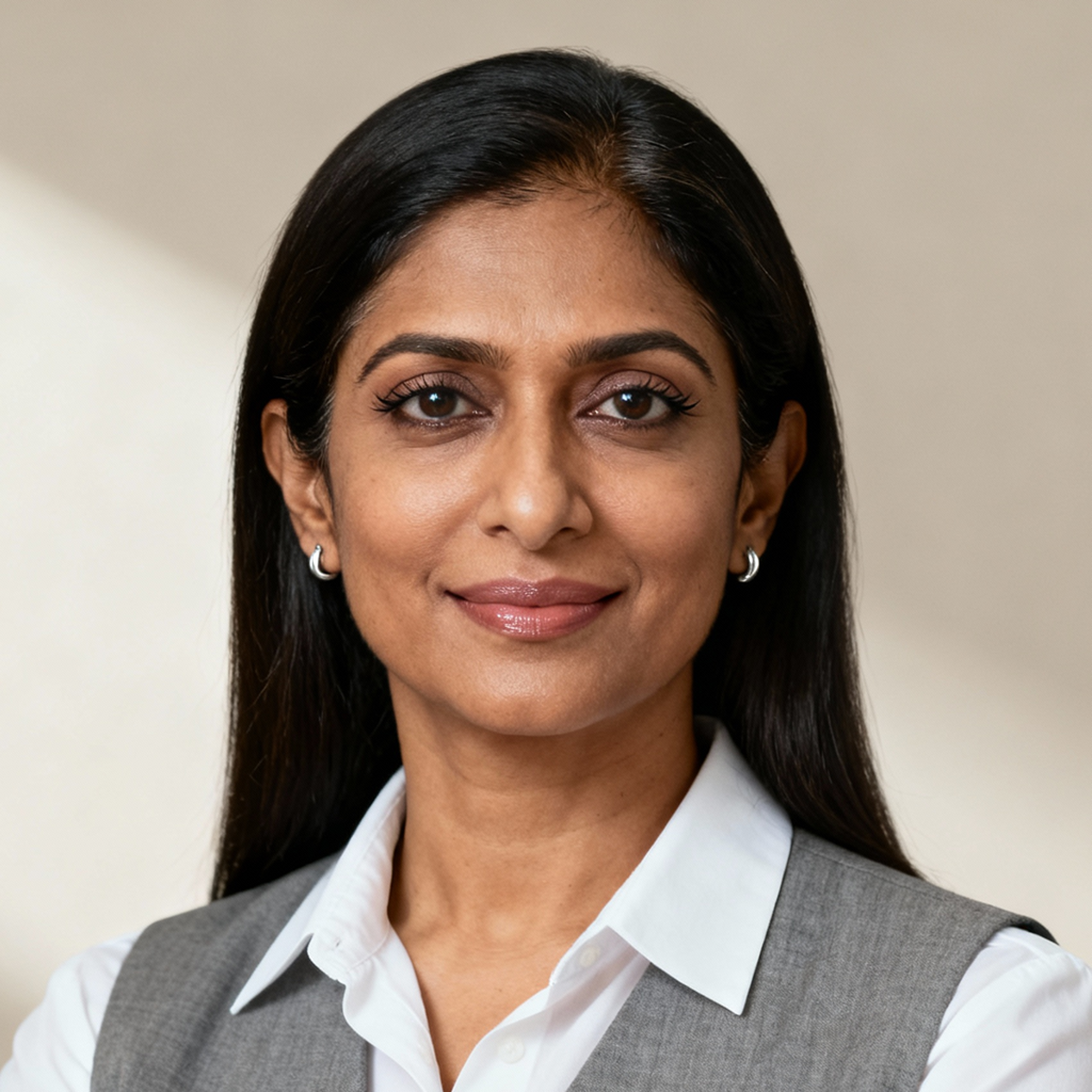 AI-generated portrait of a middle-aged woman with long straight hair and defined eyes, wearing a collared shirt and vest, posed with a composed expression against an off-white background in soft studio lighting.