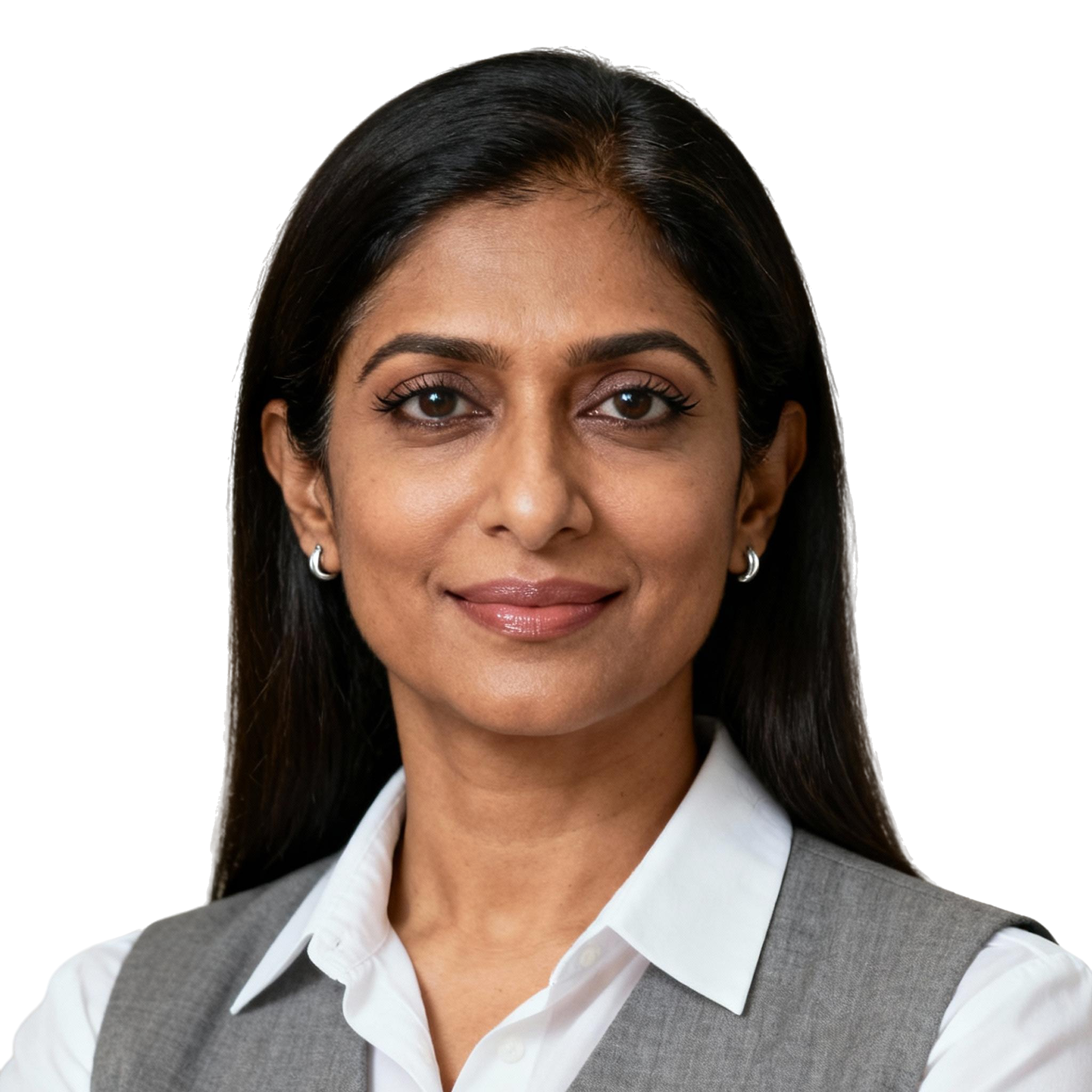AI-generated portrait of a middle-aged woman with long straight hair and defined eyes, wearing a collared shirt and vest, posed with a composed expression against a transparent background in soft studio lighting.