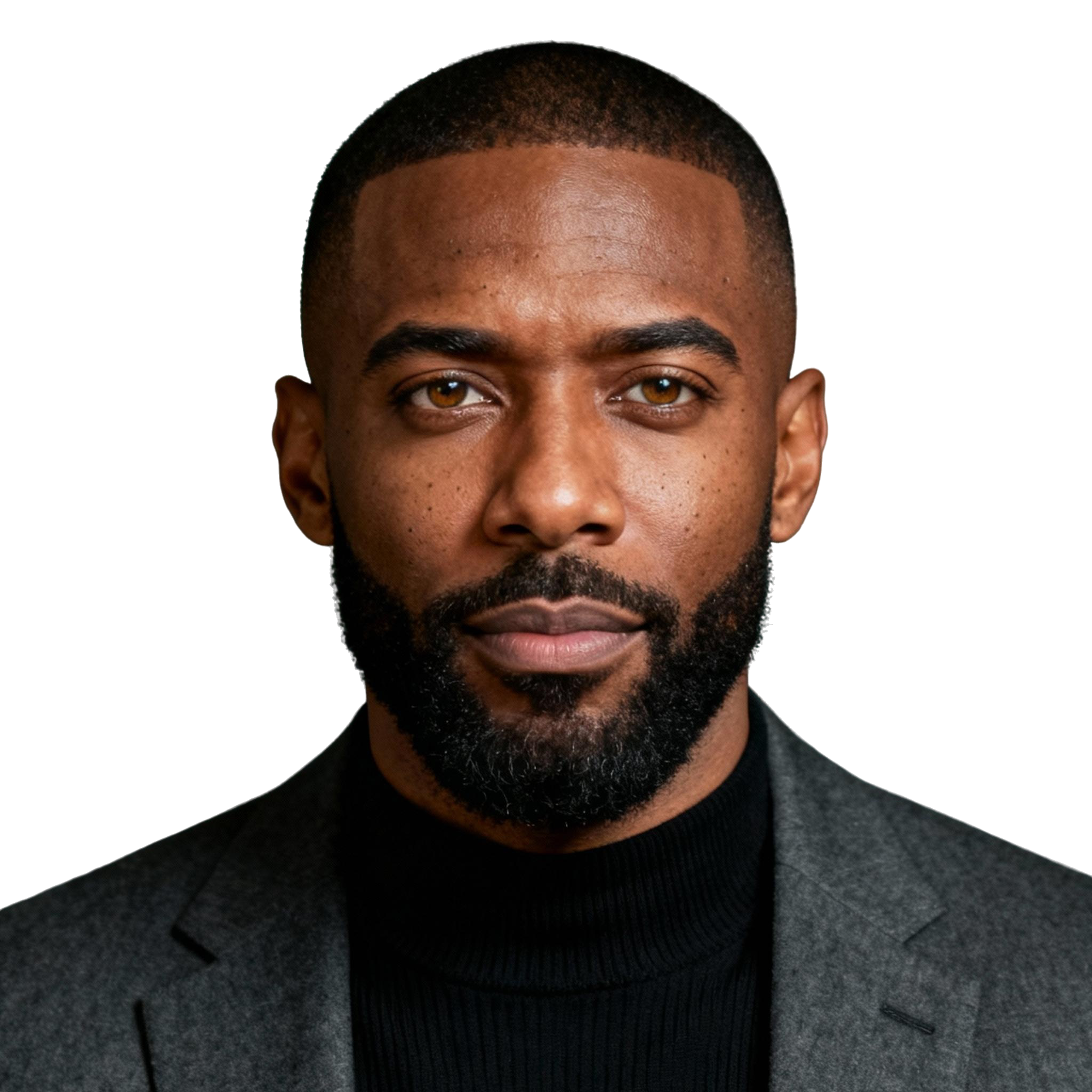 AI-generated portrait of a young man with closely cropped hair and a trimmed beard, wearing a blazer over a dark top, posed with a focused expression against a transparent background in studio lighting.