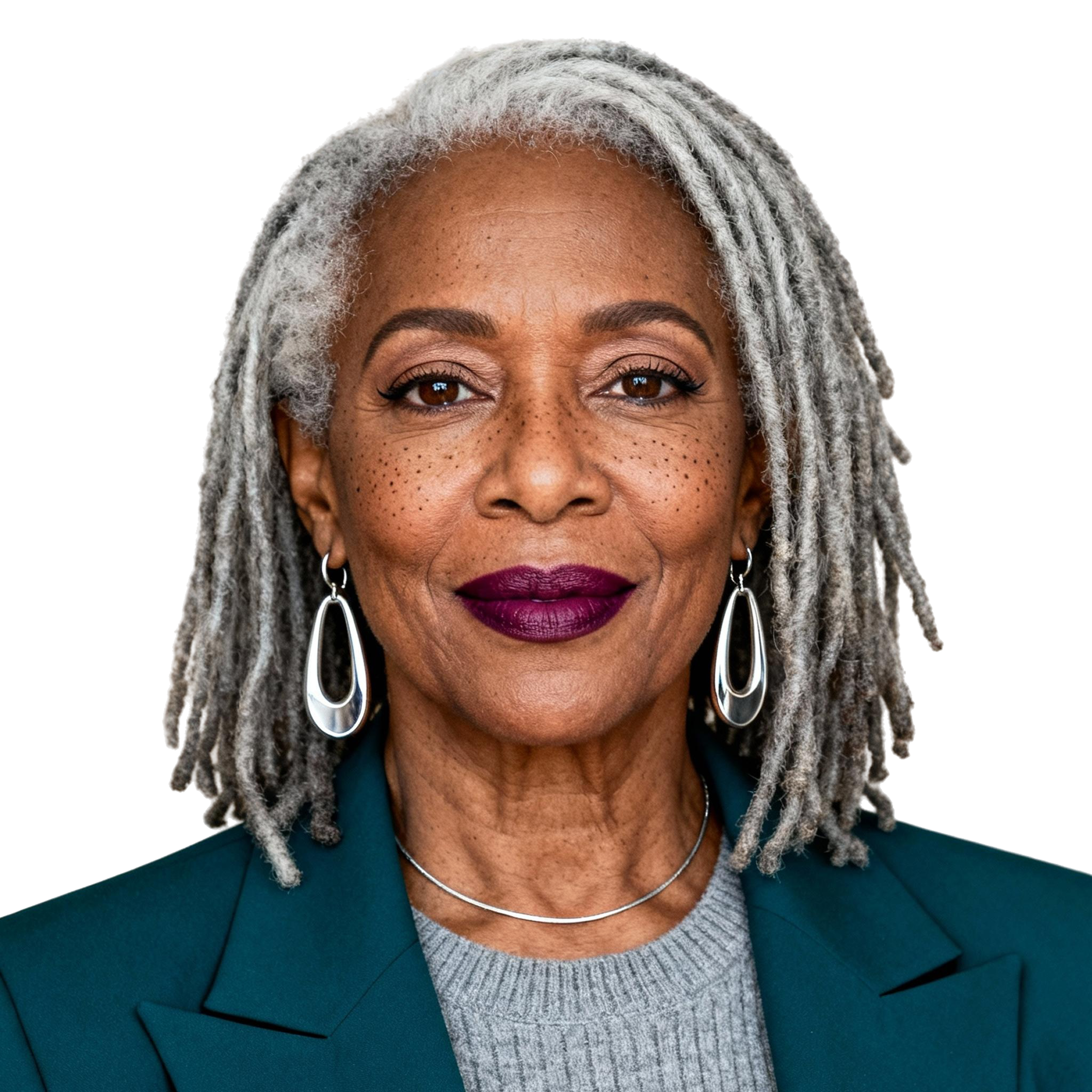 AI-generated portrait of an older woman with long gray locs and defined features, wearing a blazer and knit top, posed with a confident expression against a transparent background in soft studio lighting.