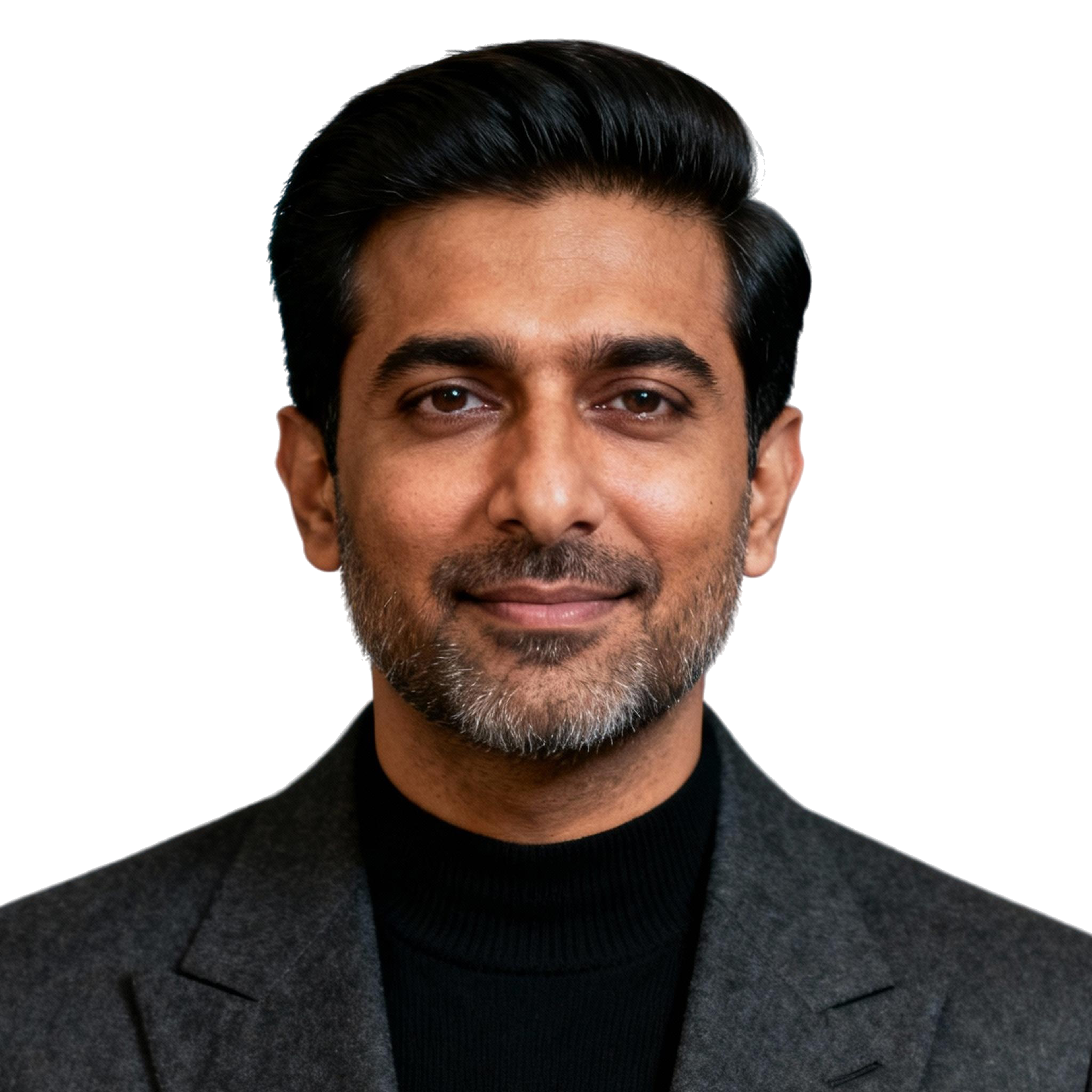 AI-generated portrait of a middle-aged man with neatly styled hair and light facial hair, wearing a blazer over a dark top, posed with a calm expression against a transparent background in studio lighting.
