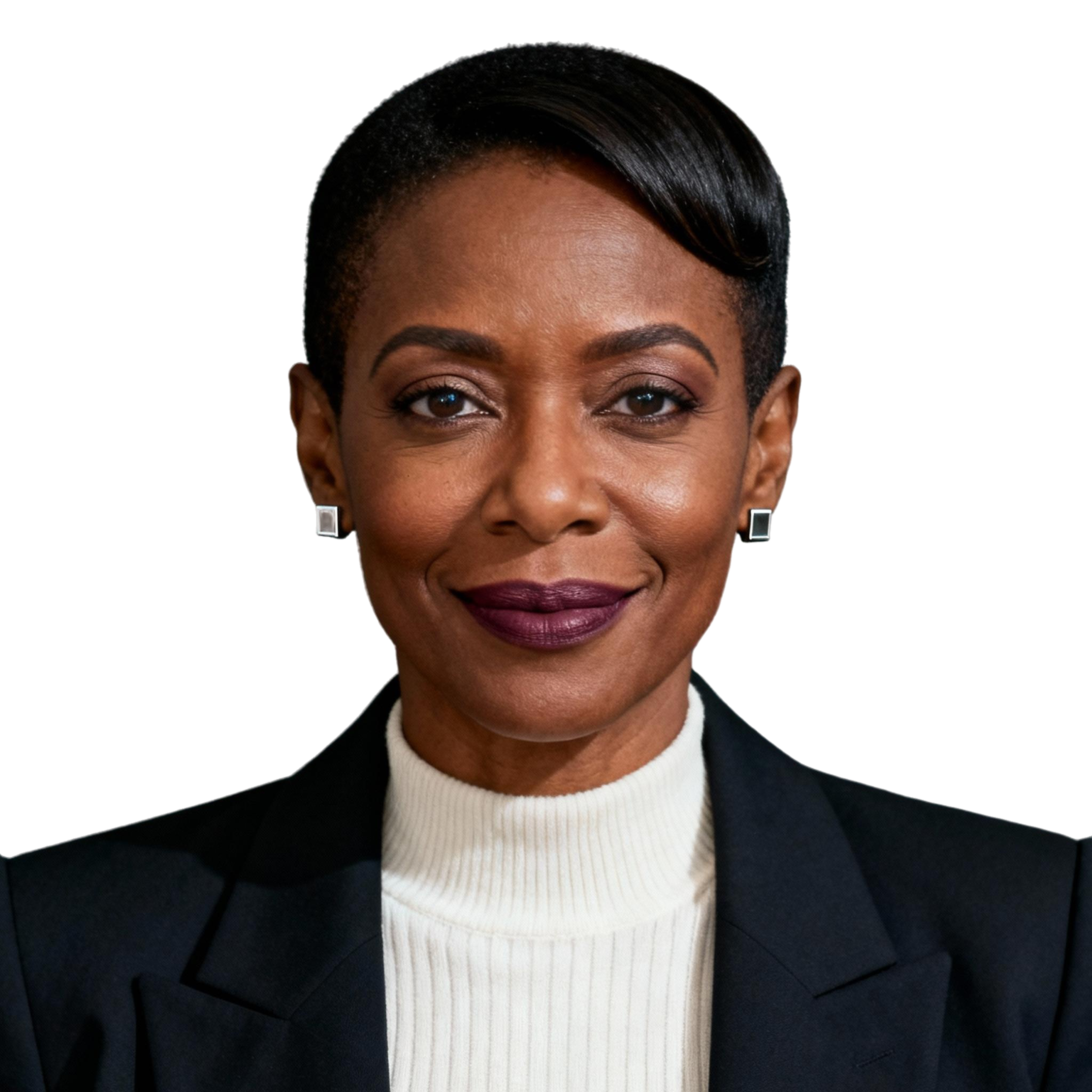 AI-generated portrait of a middle-aged woman with short styled hair and defined features, wearing a blazer over a high-neck top, posed with a confident expression against a transparent background in controlled lighting.