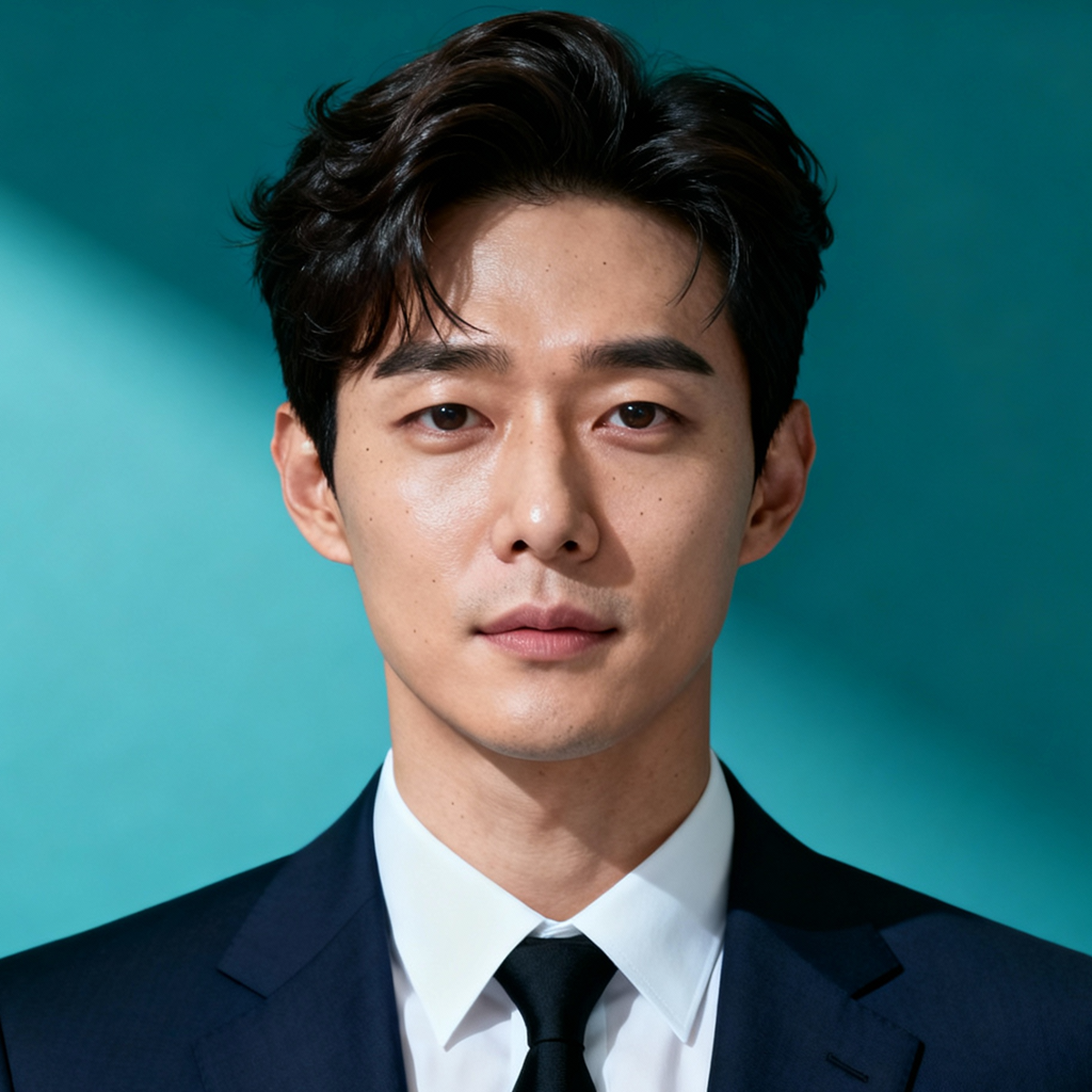 AI-generated portrait of a young man with medium-length styled hair and smooth features, wearing a suit and tie, posed with a neutral expression against a teal studio background in controlled lighting.