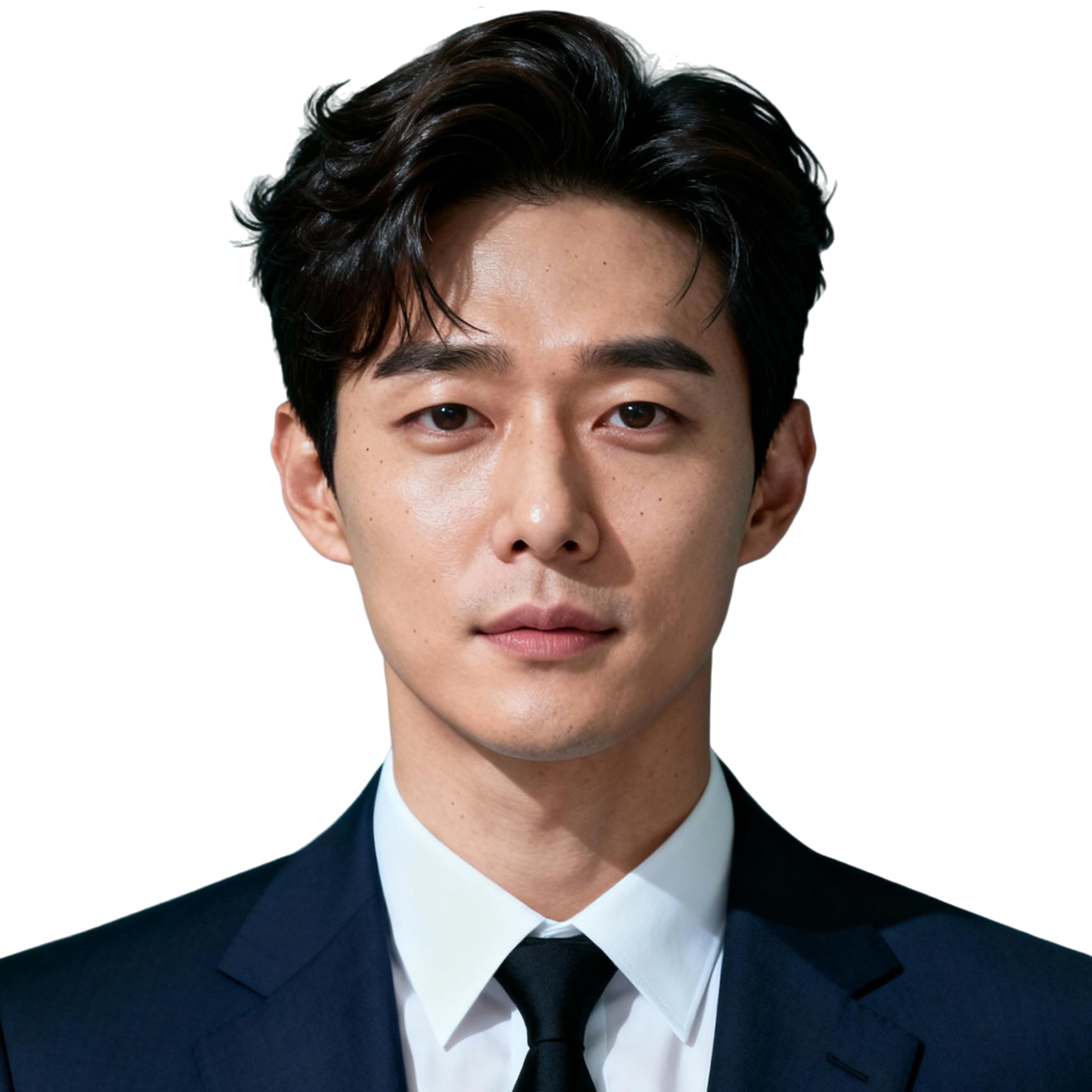 AI-generated portrait of a young man with medium-length styled hair and smooth features, wearing a suit and tie, posed with a neutral expression against a transparent background in controlled lighting.