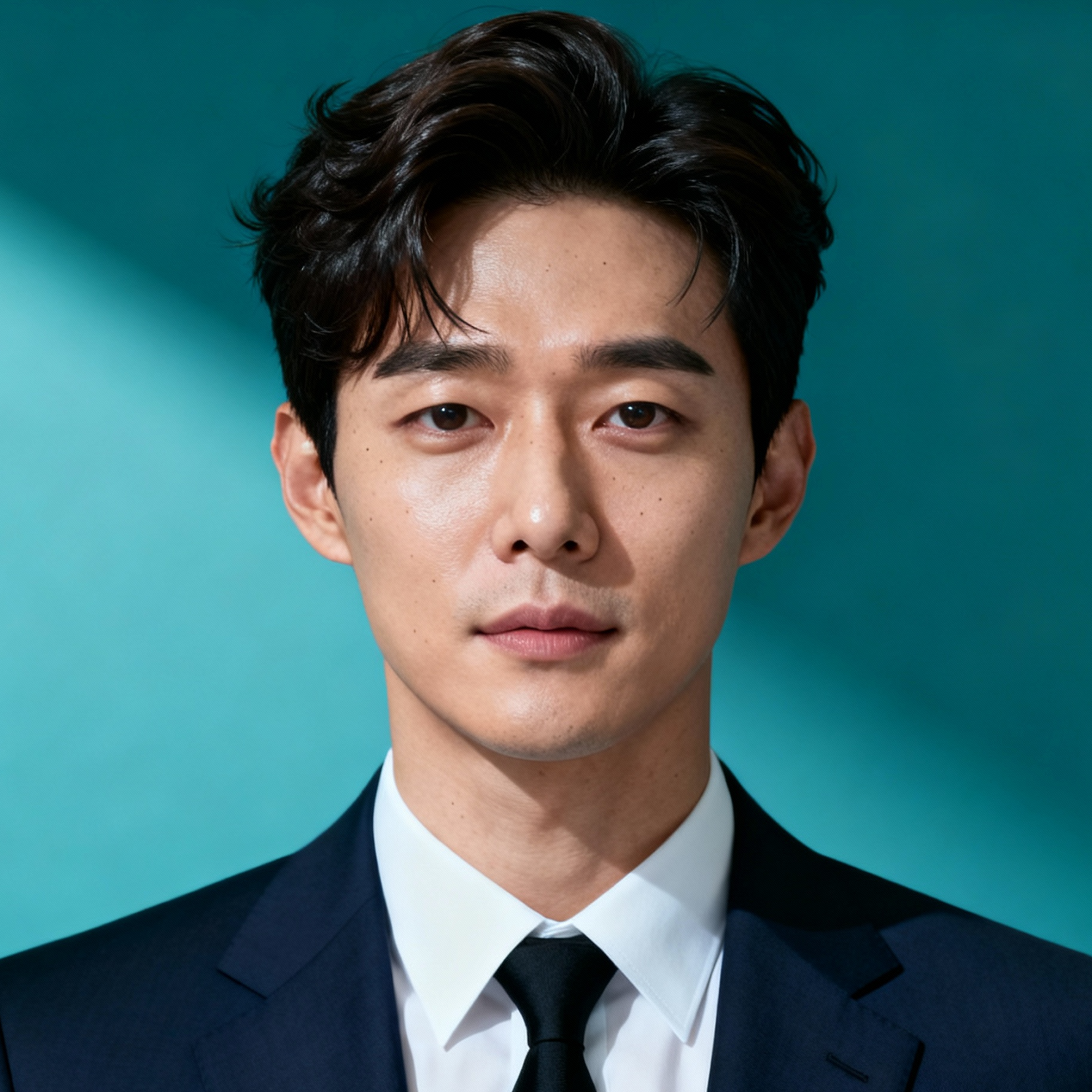 AI-generated portrait of a young man with medium-length styled hair and smooth features, wearing a suit and tie, posed with a neutral expression against a teal studio background in controlled lighting.