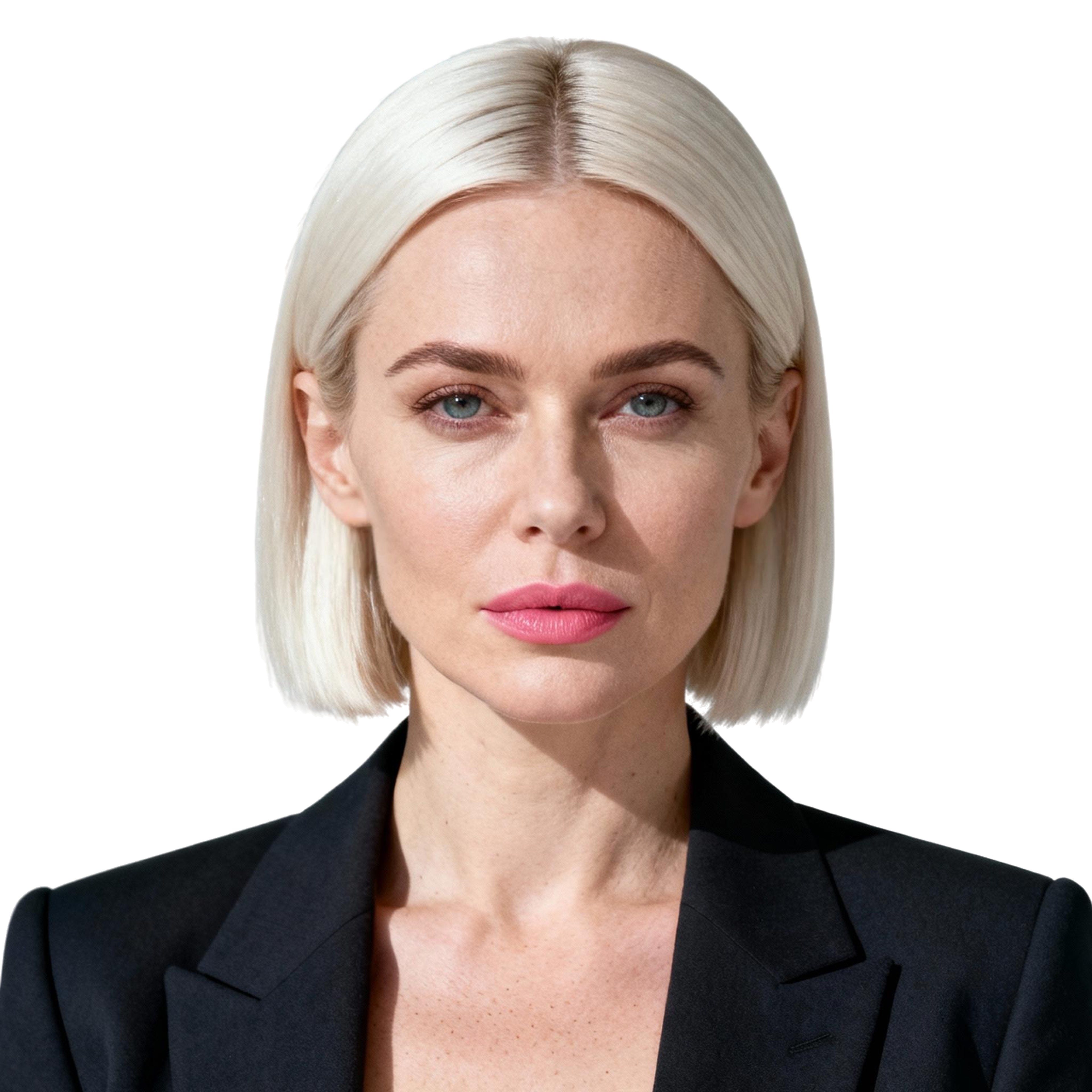 AI-generated portrait of a middle-aged woman with a sleek blonde bob and defined features, wearing a tailored blazer, posed with a composed expression against a transparent background in controlled lighting.