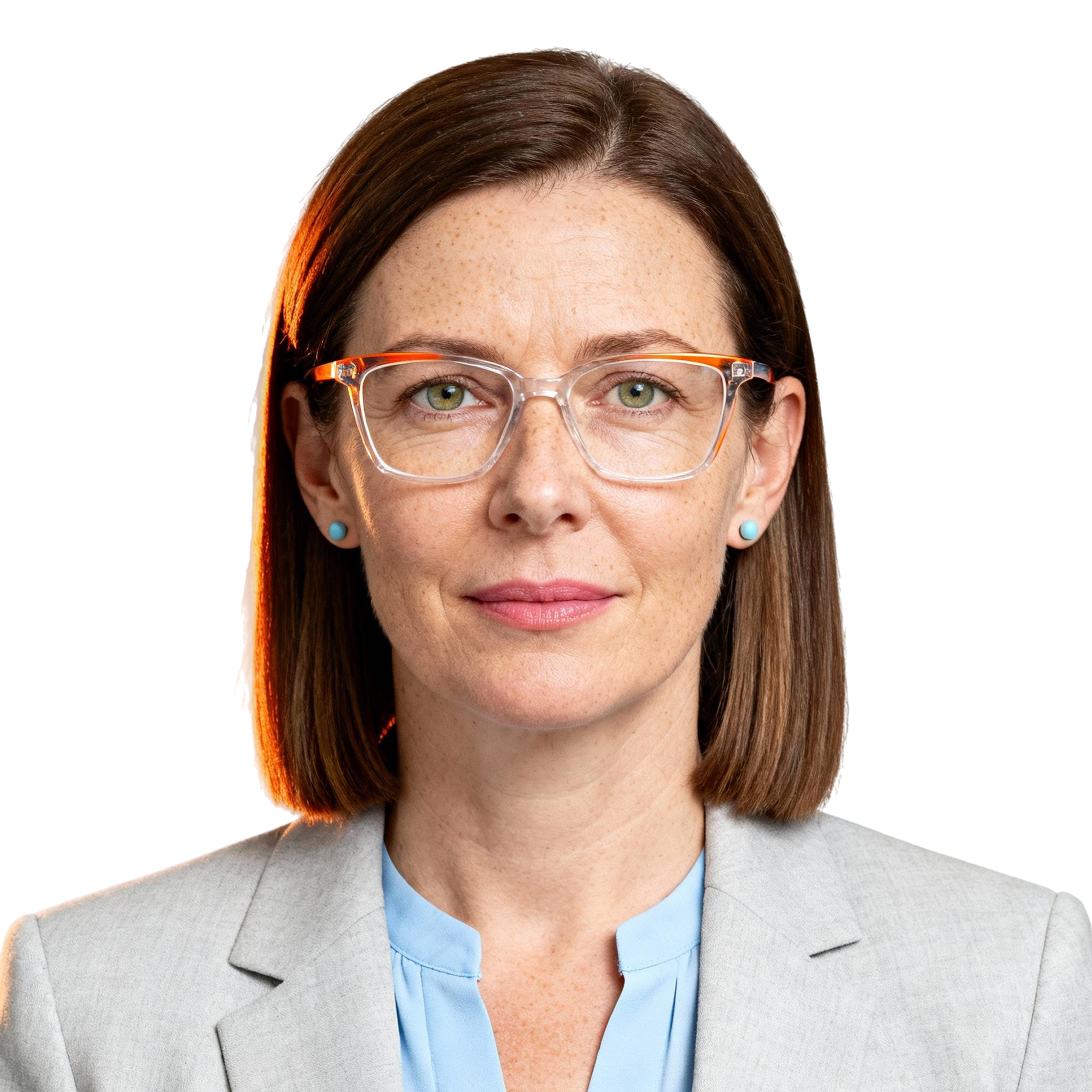 AI-generated portrait of a middle-aged woman with straight shoulder-length hair and glasses, wearing a blazer and blouse, posed with a neutral expression against a transparent background in diffused light.