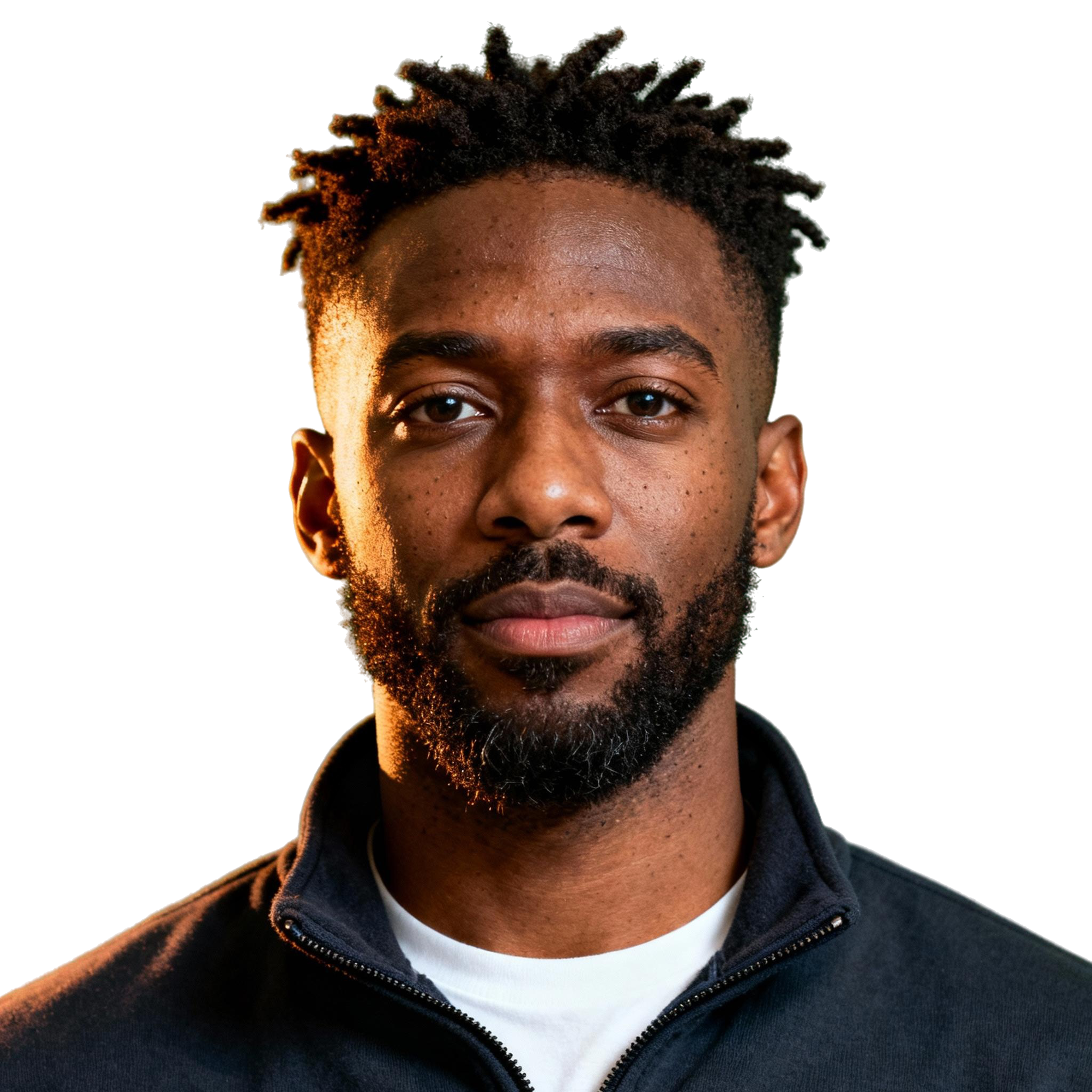 AI-generated portrait of a young man with short textured hair and trimmed facial hair, wearing a zip-up top, posed with a composed expression against a transparent background in soft lighting.