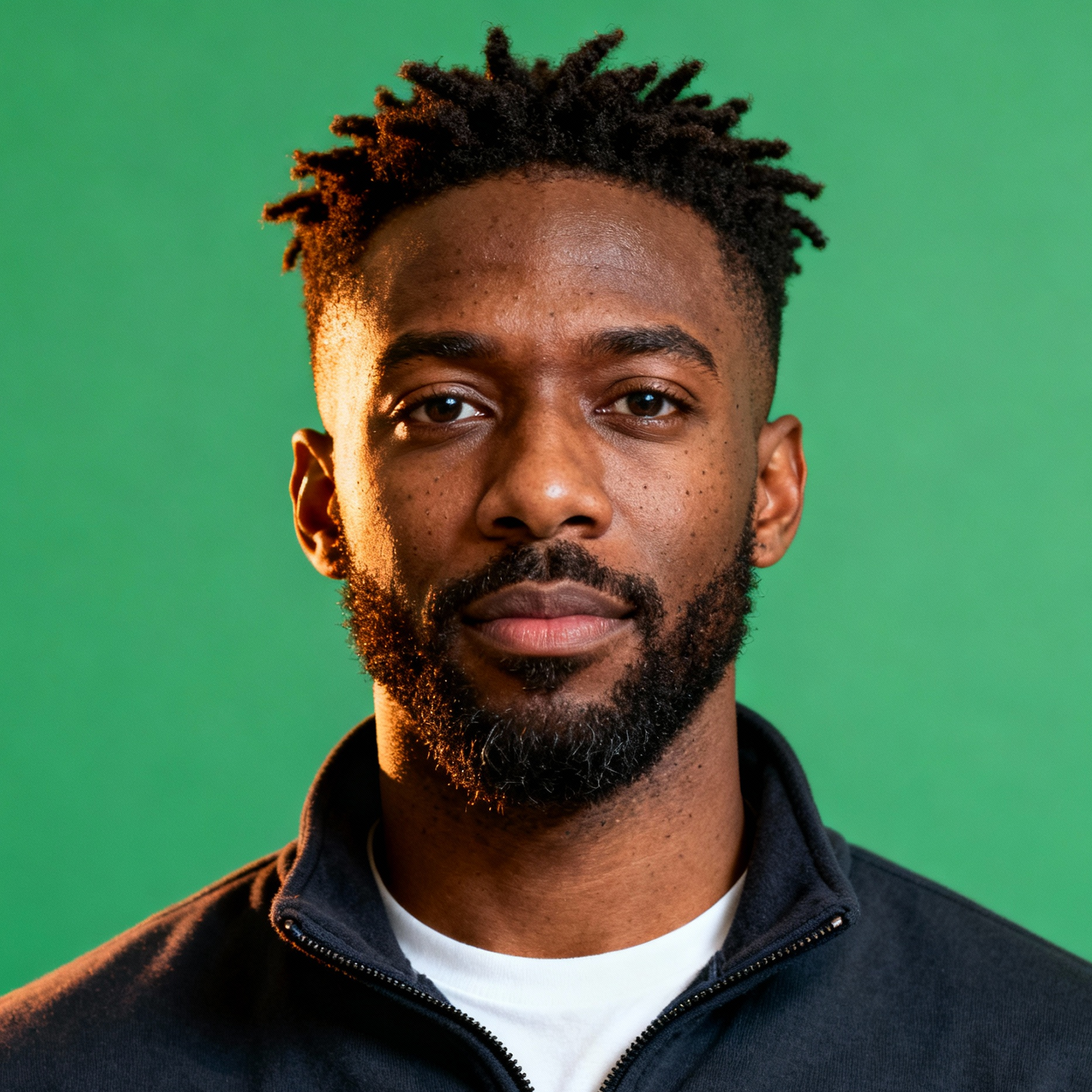 AI-generated portrait of a young man with short textured hair and trimmed facial hair, wearing a zip-up top, posed with a composed expression against a muted green background in soft lighting.
