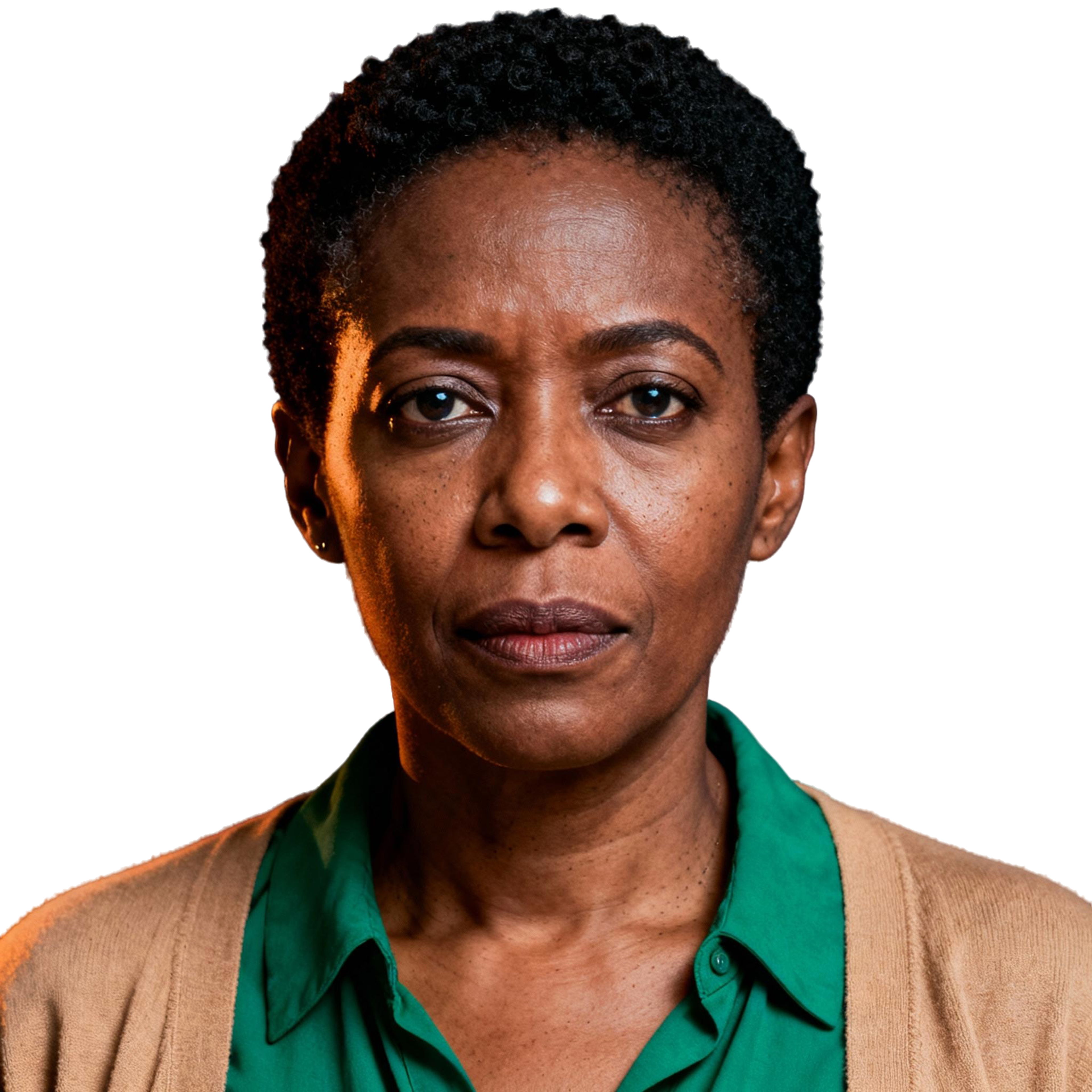 AI-generated portrait of a middle-aged woman with very short hair and defined features, wearing a collared shirt and cardigan, posed with a serious expression against a transparent background in soft lighting.