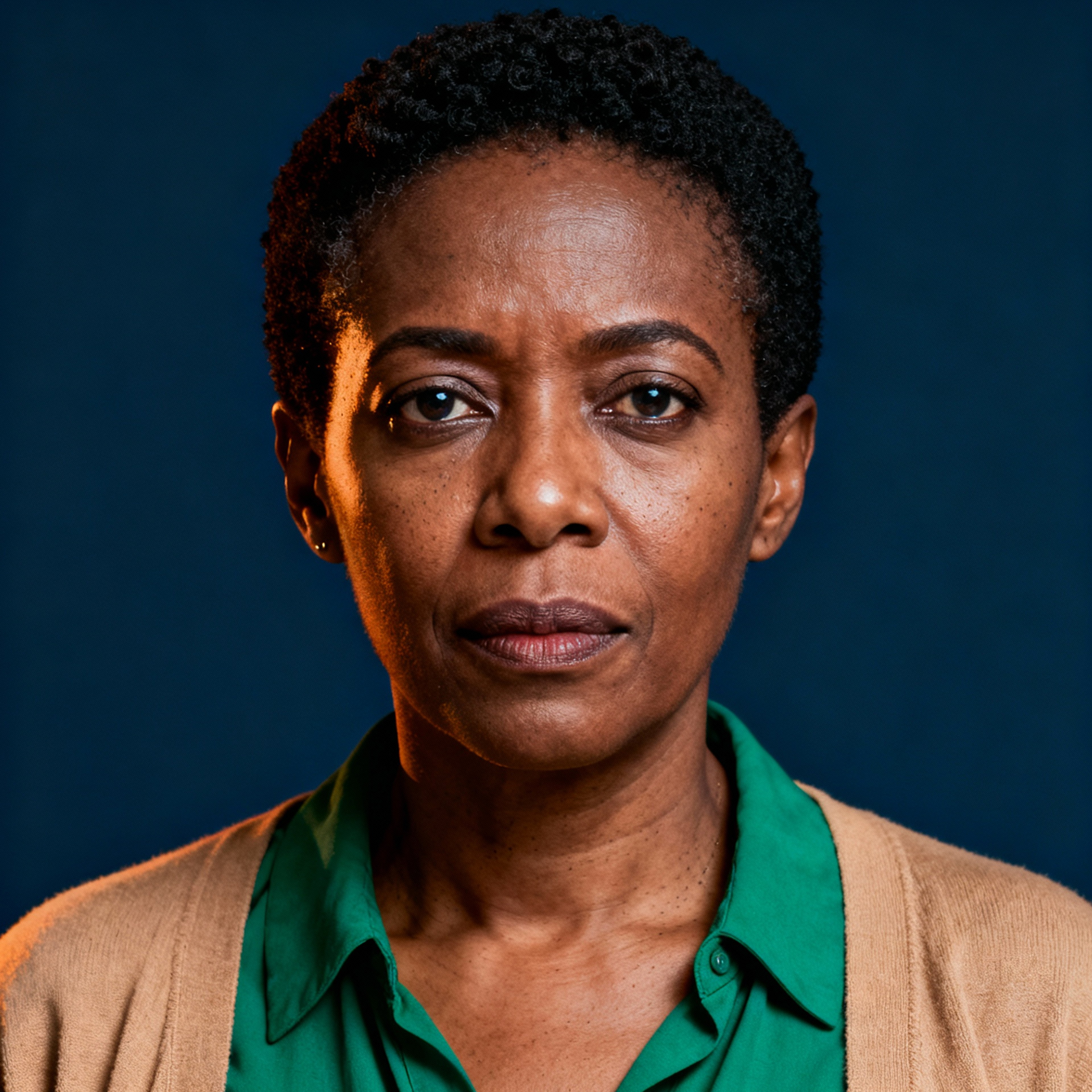 AI-generated portrait of a middle-aged woman with very short hair and defined features, wearing a collared shirt and cardigan, posed with a serious expression against a muted blue background in soft lighting.