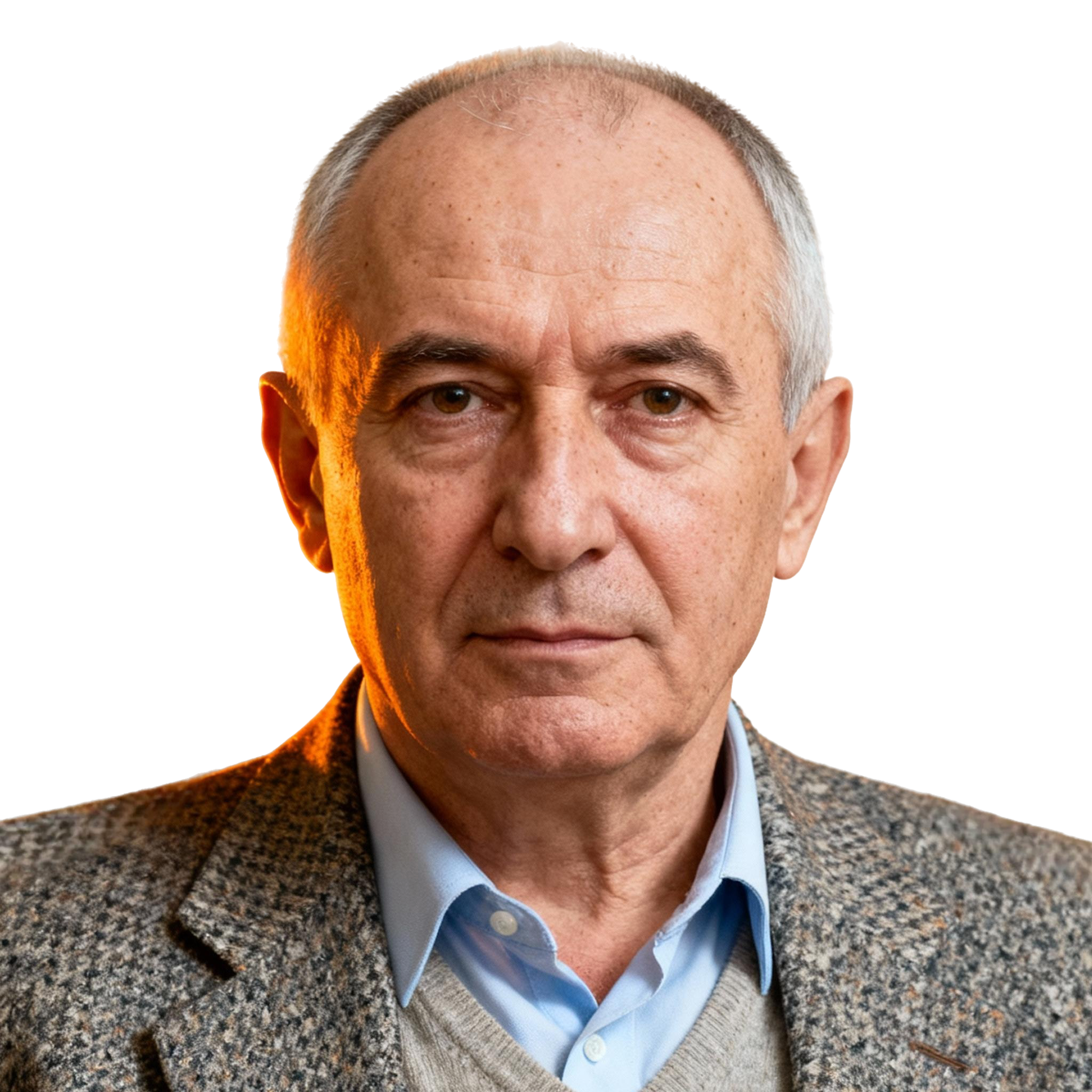 AI-generated portrait of an older man with short graying hair and defined features, wearing a collared shirt and textured blazer, posed with a composed expression against a transparent background in soft lighting.
