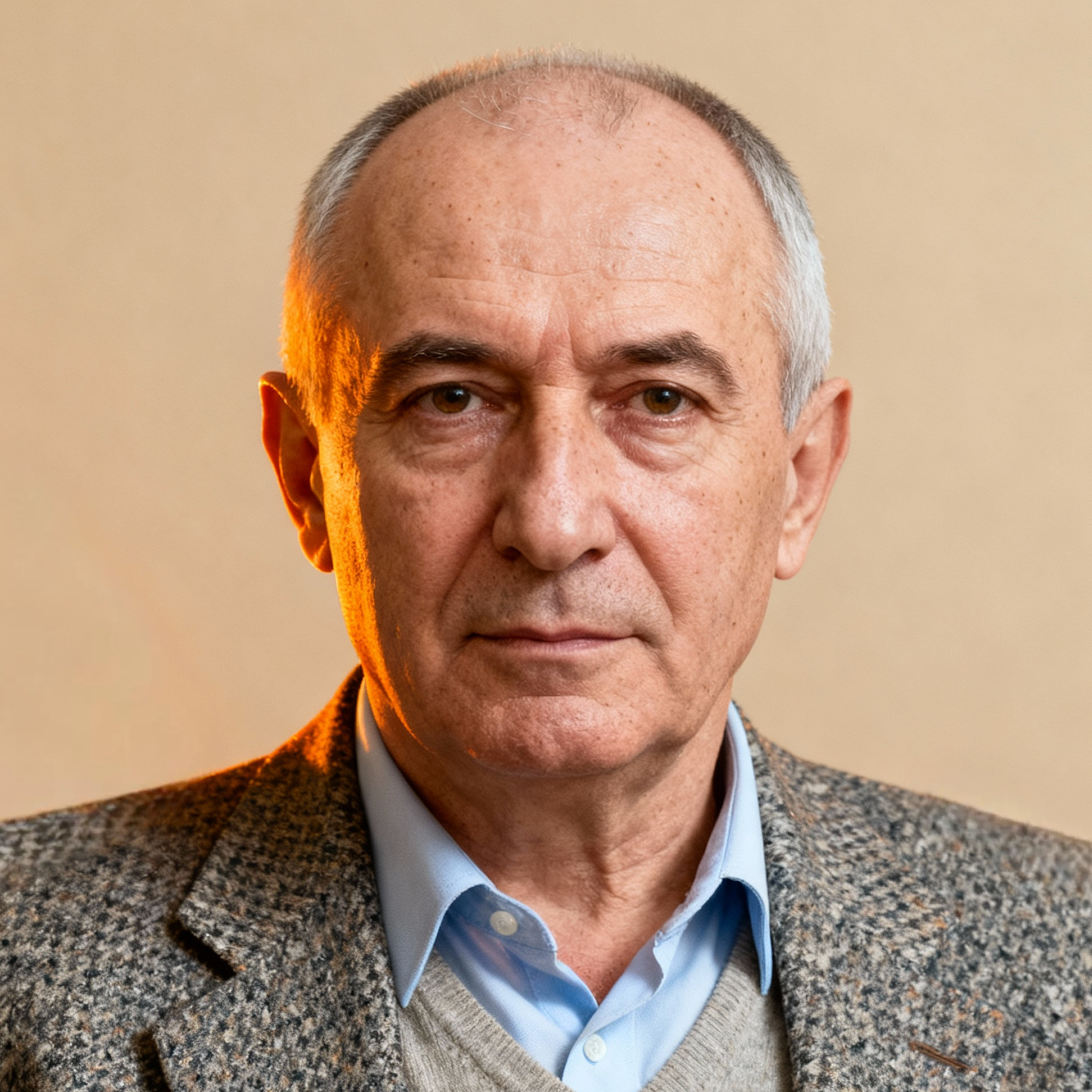 AI-generated portrait of an older man with short graying hair and defined features, wearing a collared shirt and textured blazer, posed with a composed expression against a beige background in soft lighting.