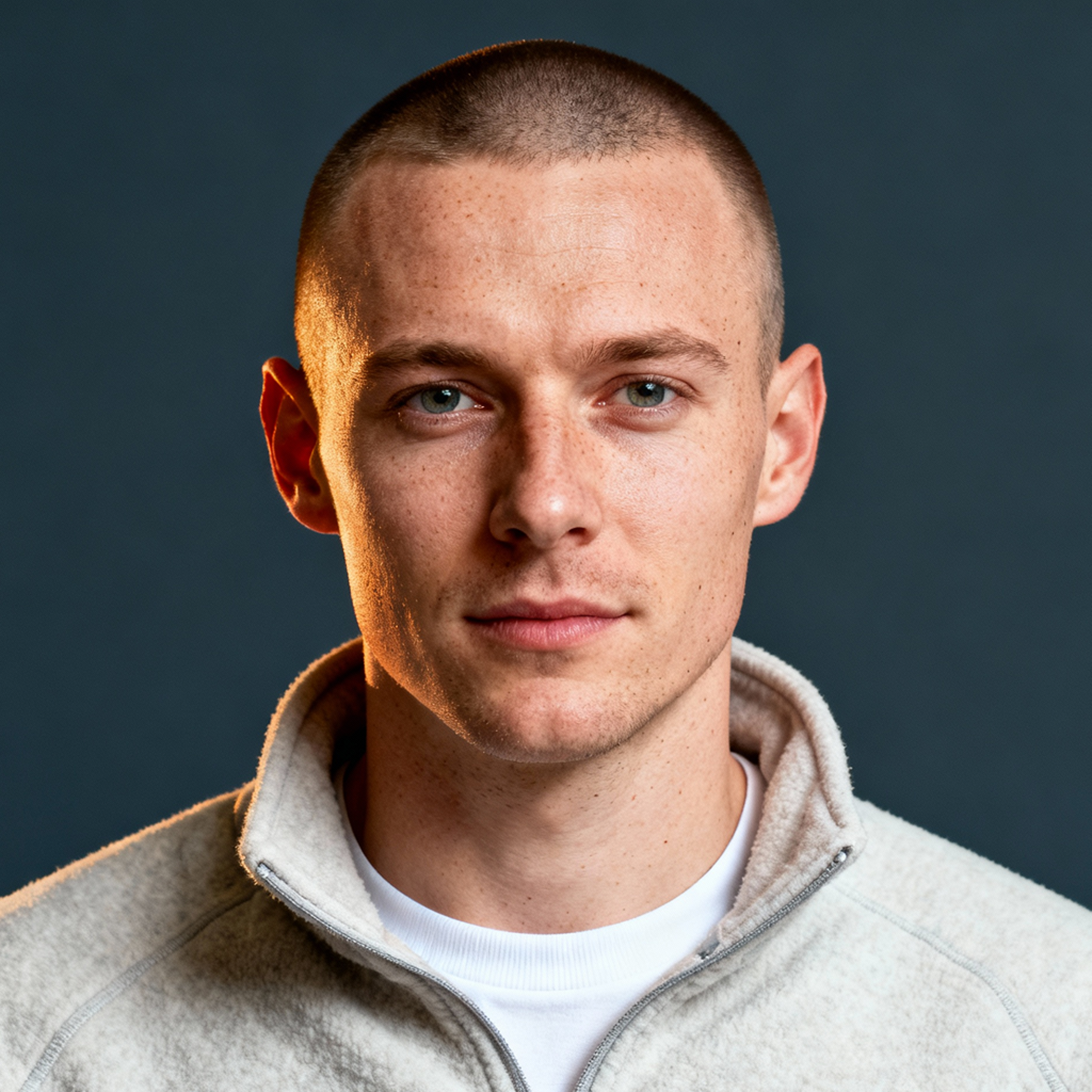 AI-generated portrait of a young man with closely cropped hair and subtle freckles, wearing a quarter-zip pullover, posed with a neutral expression against a dark gray background in balanced lighting.