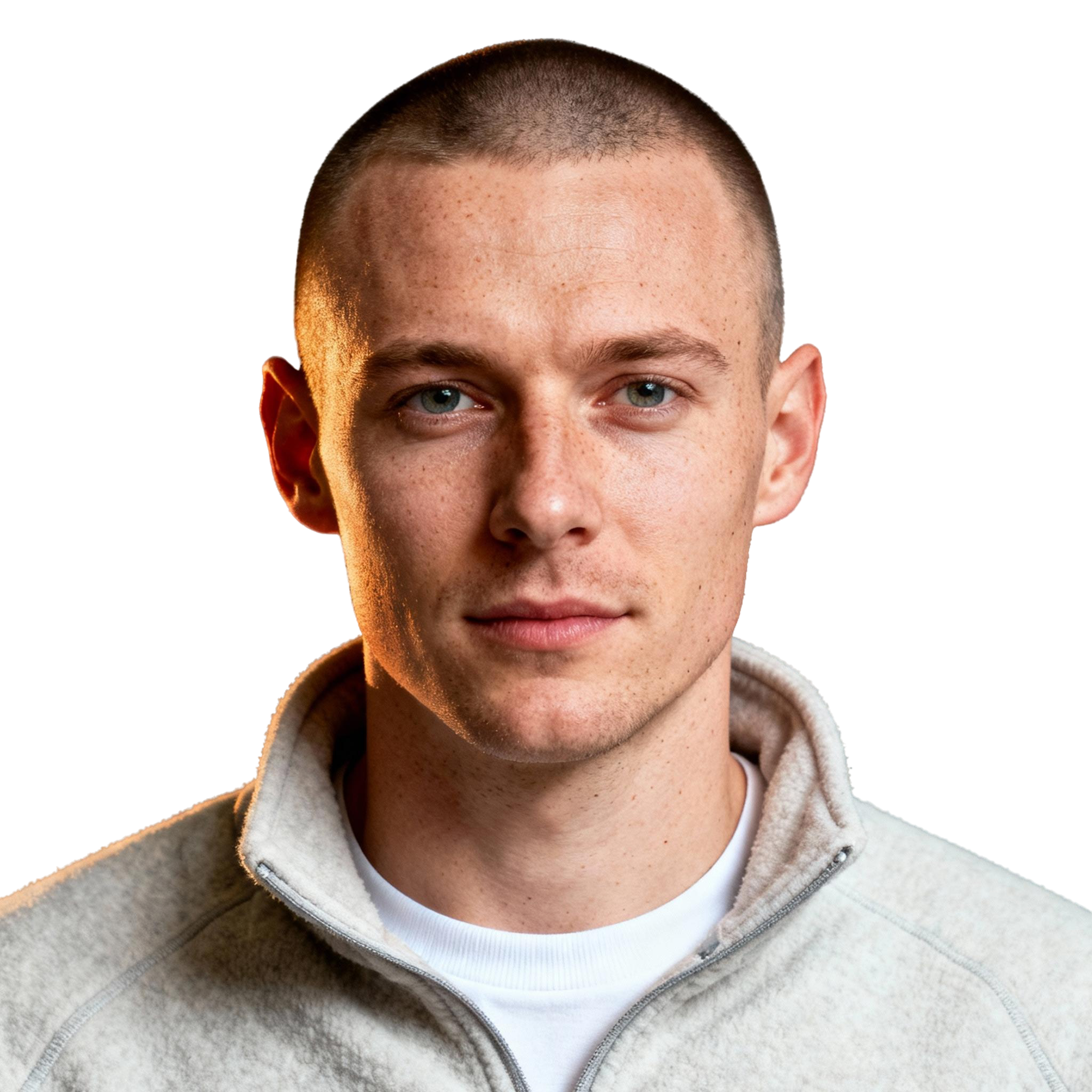 AI-generated portrait of a young man with closely cropped hair and subtle freckles, wearing a quarter-zip pullover, posed with a neutral expression against a transparent background in balanced lighting.